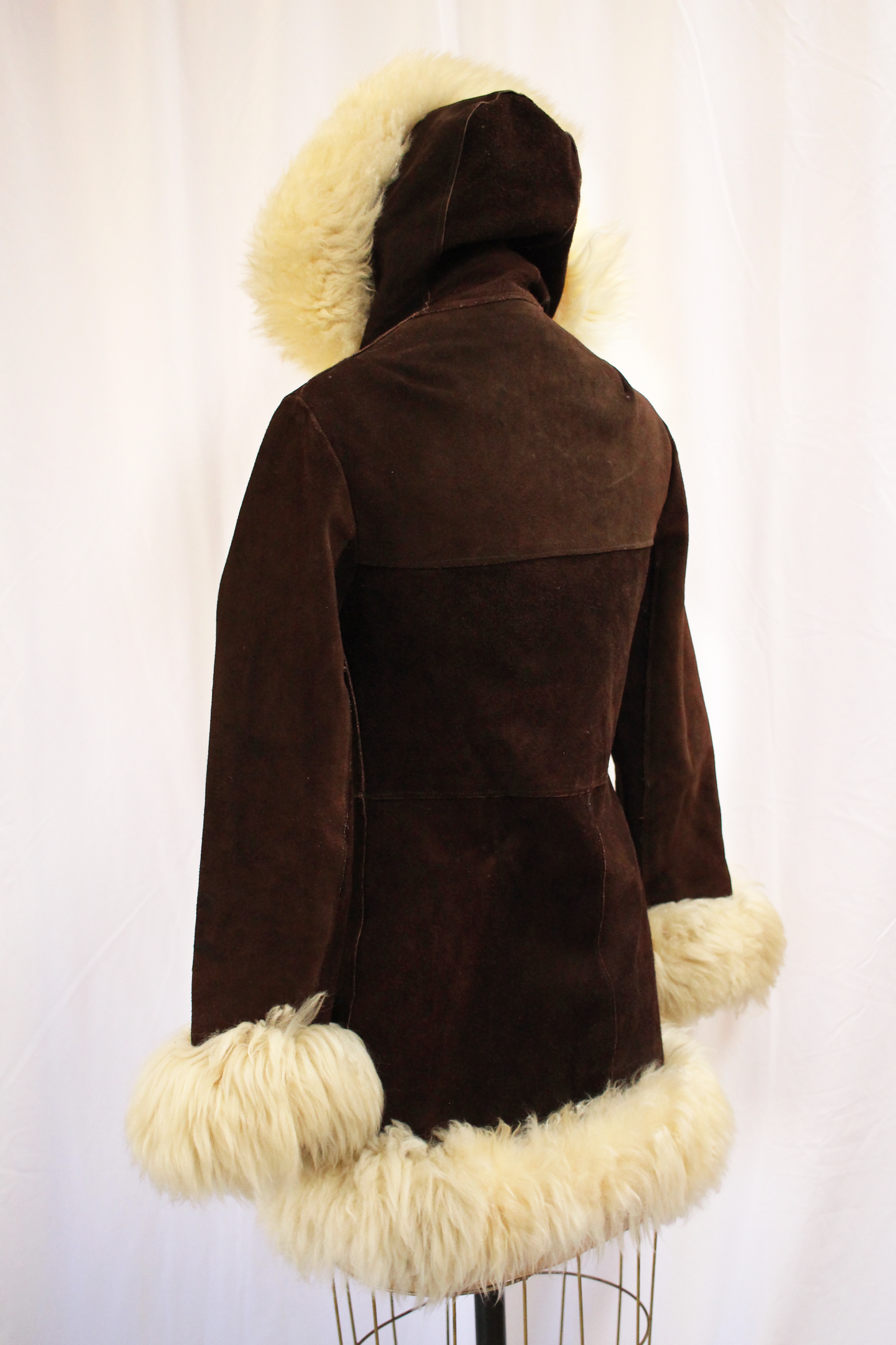 1960s Penny Lane Chocolate Brown Suede Shearling Coat with Hood