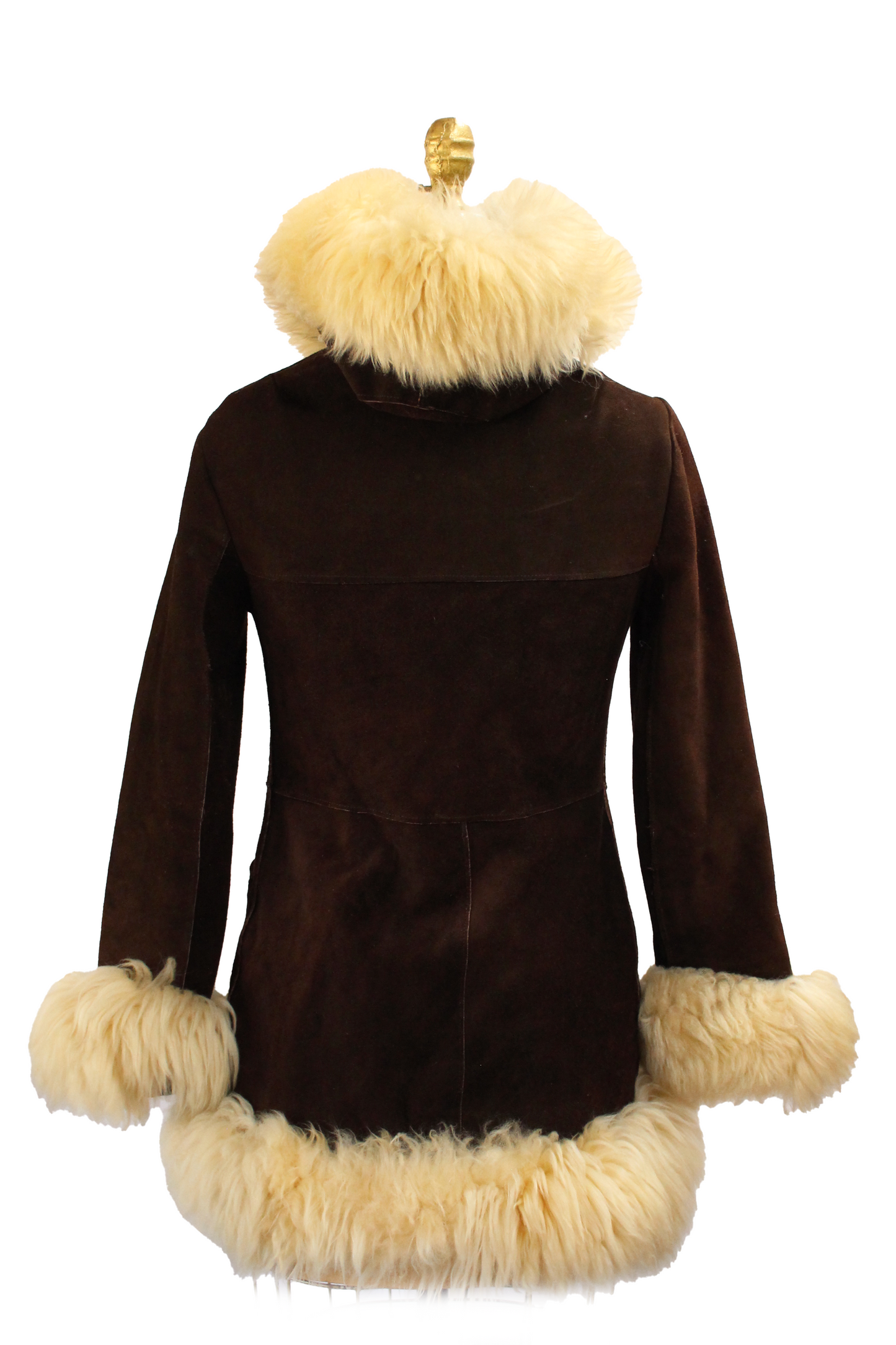 1960s Penny Lane Chocolate Brown Suede Shearling Coat with Hood