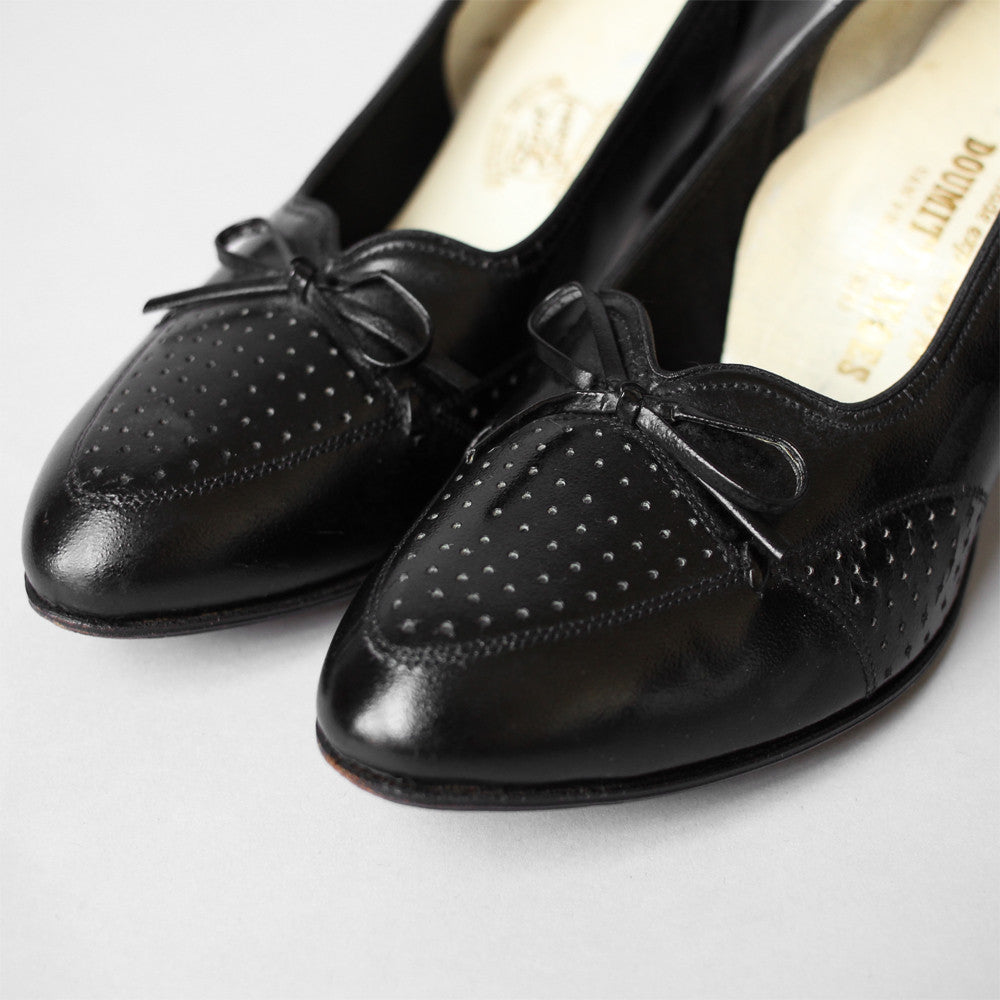 Black 1930s Perforated Heeled Flats with Bow
