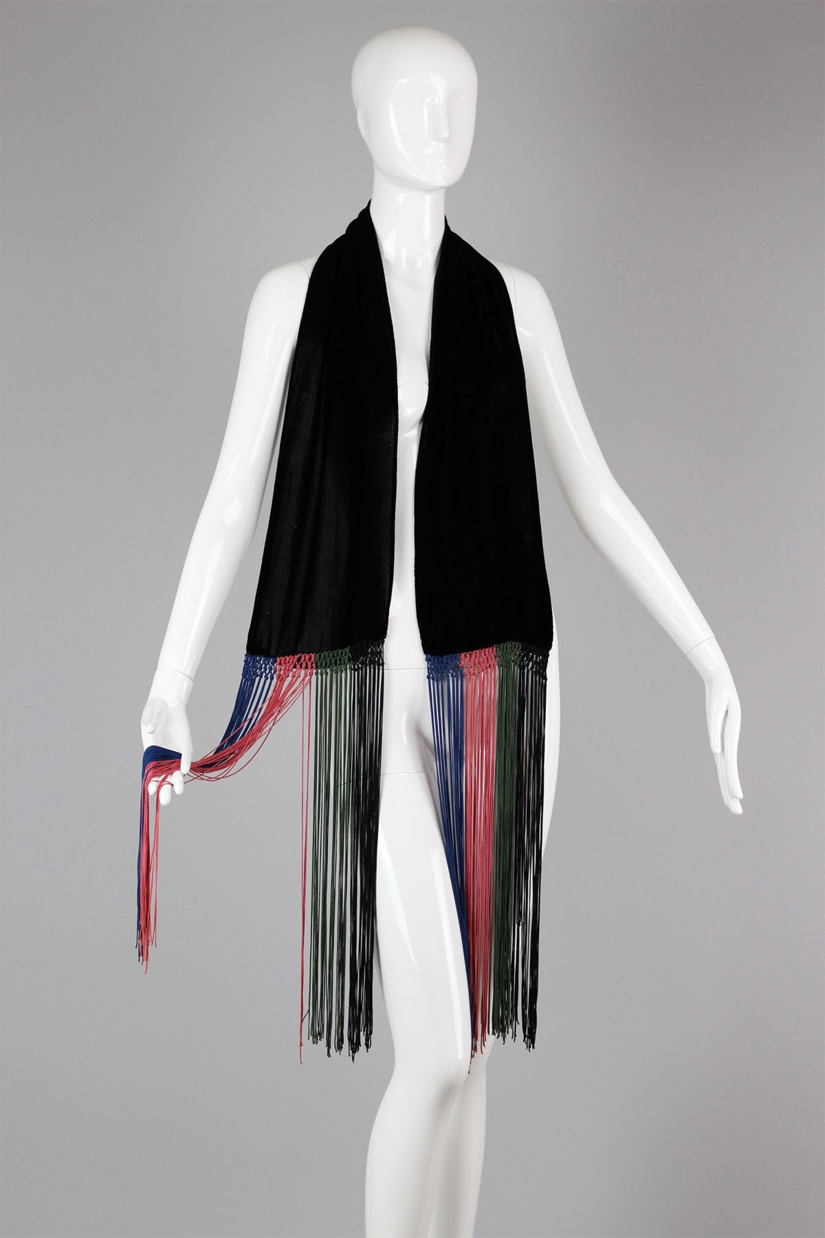 Rare 1920s Silk Velvet Fringed Scarf with Hand Knotting