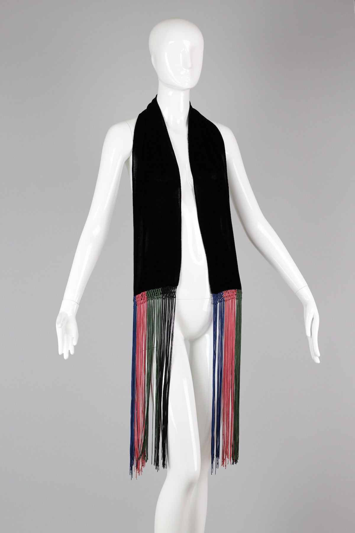 Rare 1920s Silk Velvet Fringed Scarf with Hand Knotting