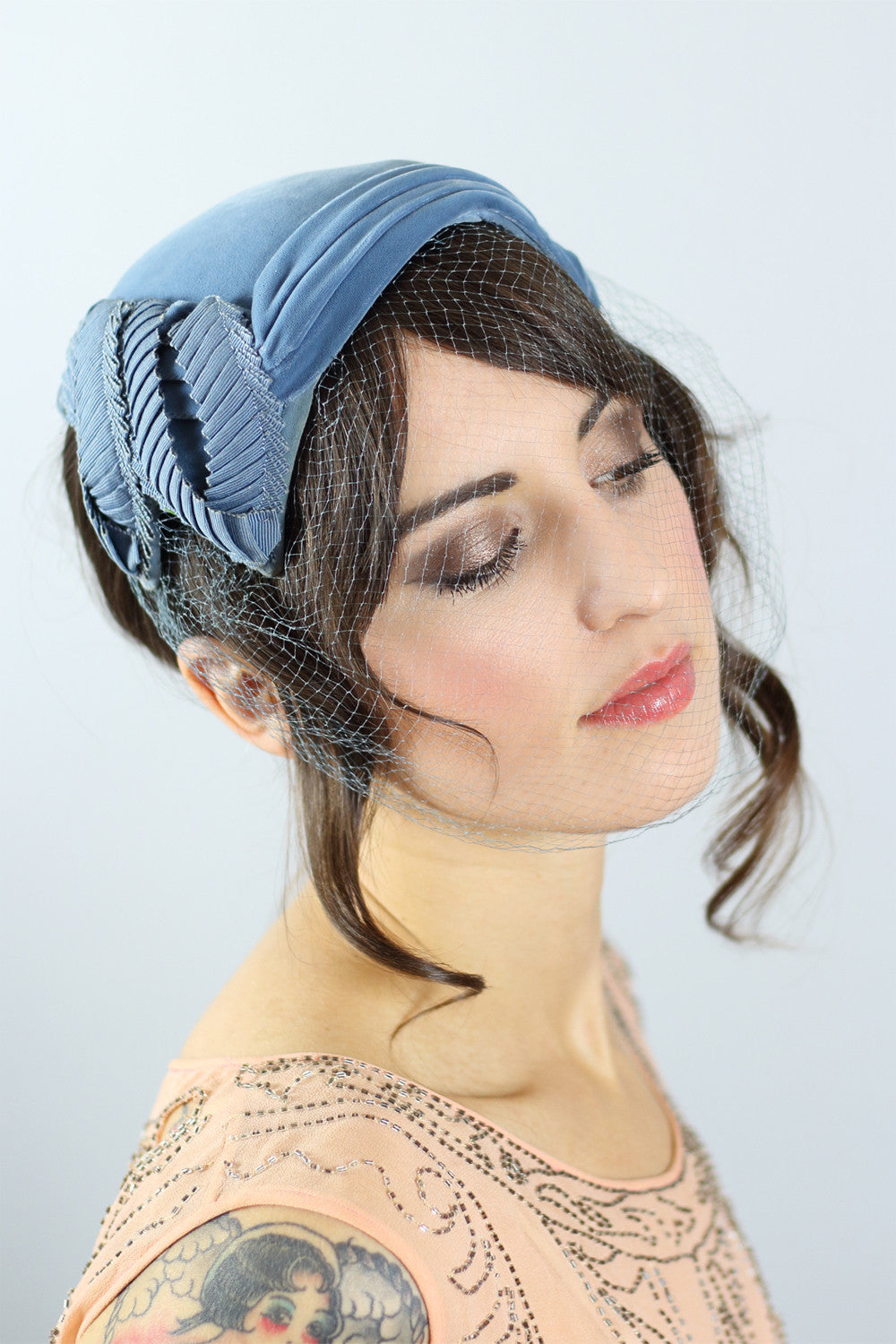 1950s Steel Blue Hat With Full Net