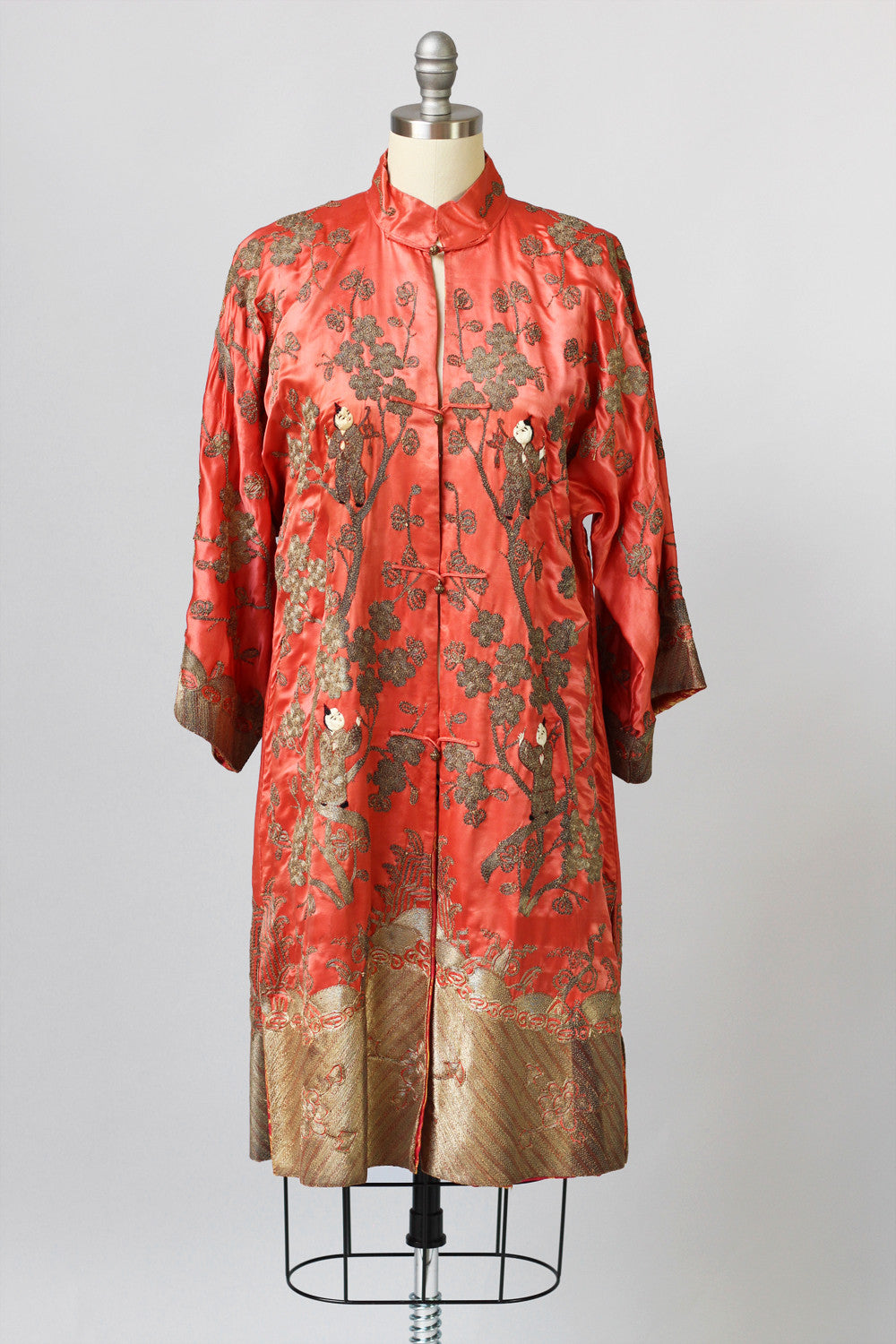 1920s Heavily Embroidered Coral Satin Metallic Chinese Robe