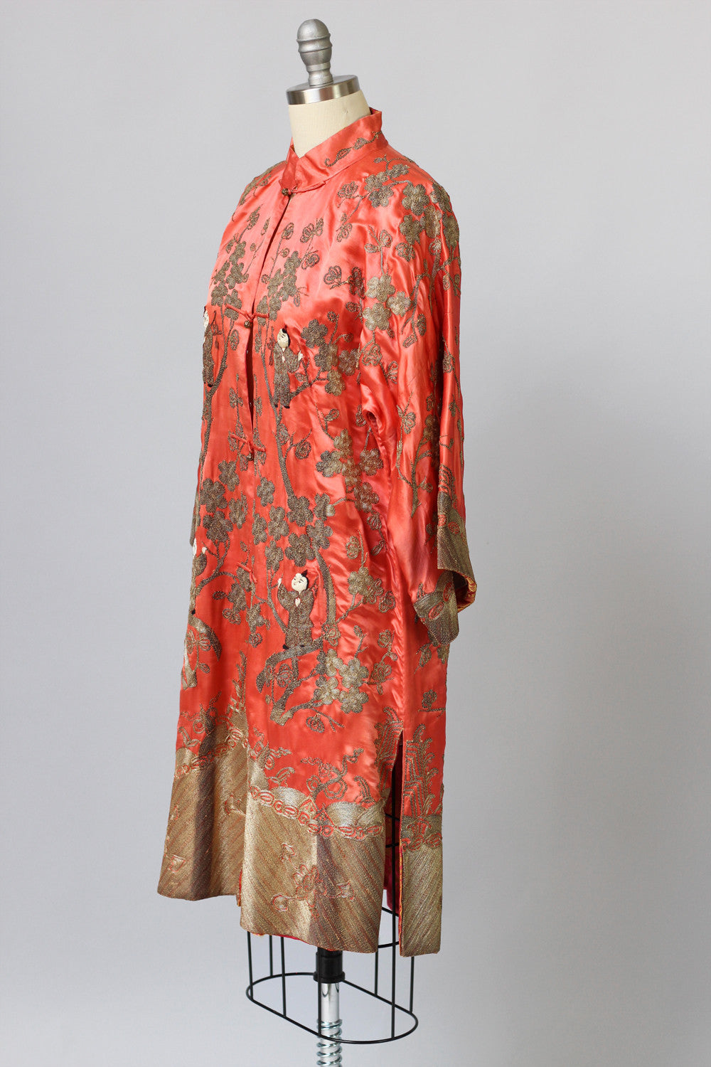 1920s Heavily Embroidered Coral Satin Metallic Chinese Robe