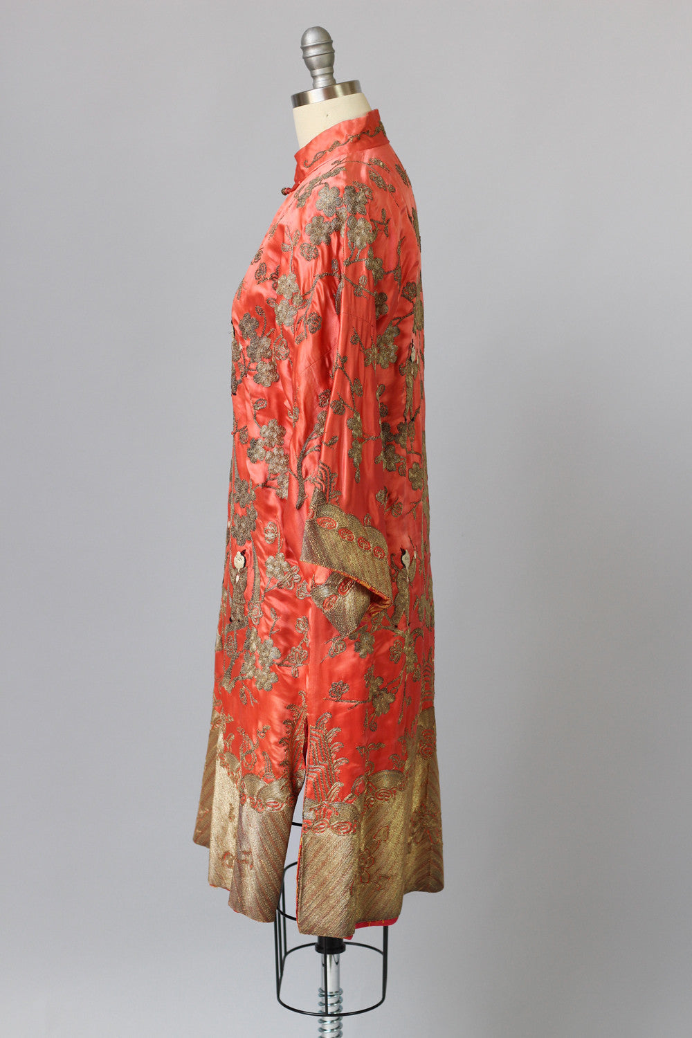1920s Heavily Embroidered Coral Satin Metallic Chinese Robe