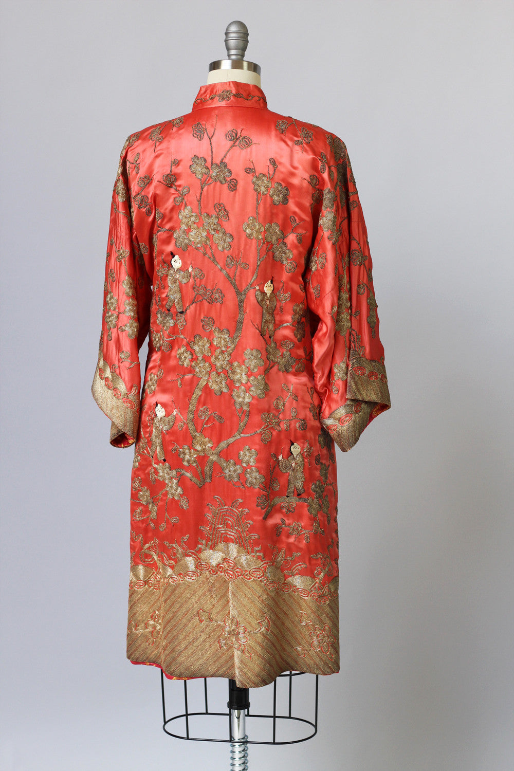 1920s Heavily Embroidered Coral Satin Metallic Chinese Robe