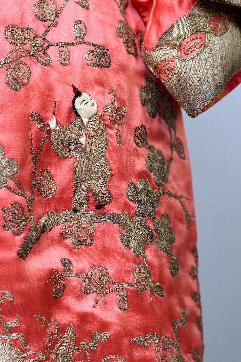 1920s Heavily Embroidered Coral Satin Metallic Chinese Robe