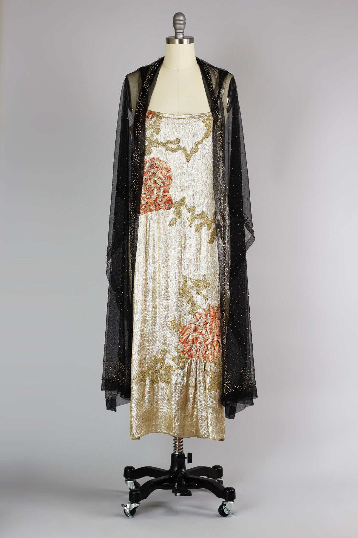 RARE 1920s Incredible Gold Silk Lam Asian Evening Gown with Silk Net Muse RARE 1920s Incredible Gold Silk Lam Asian Evening Gown with Silk Net Muse