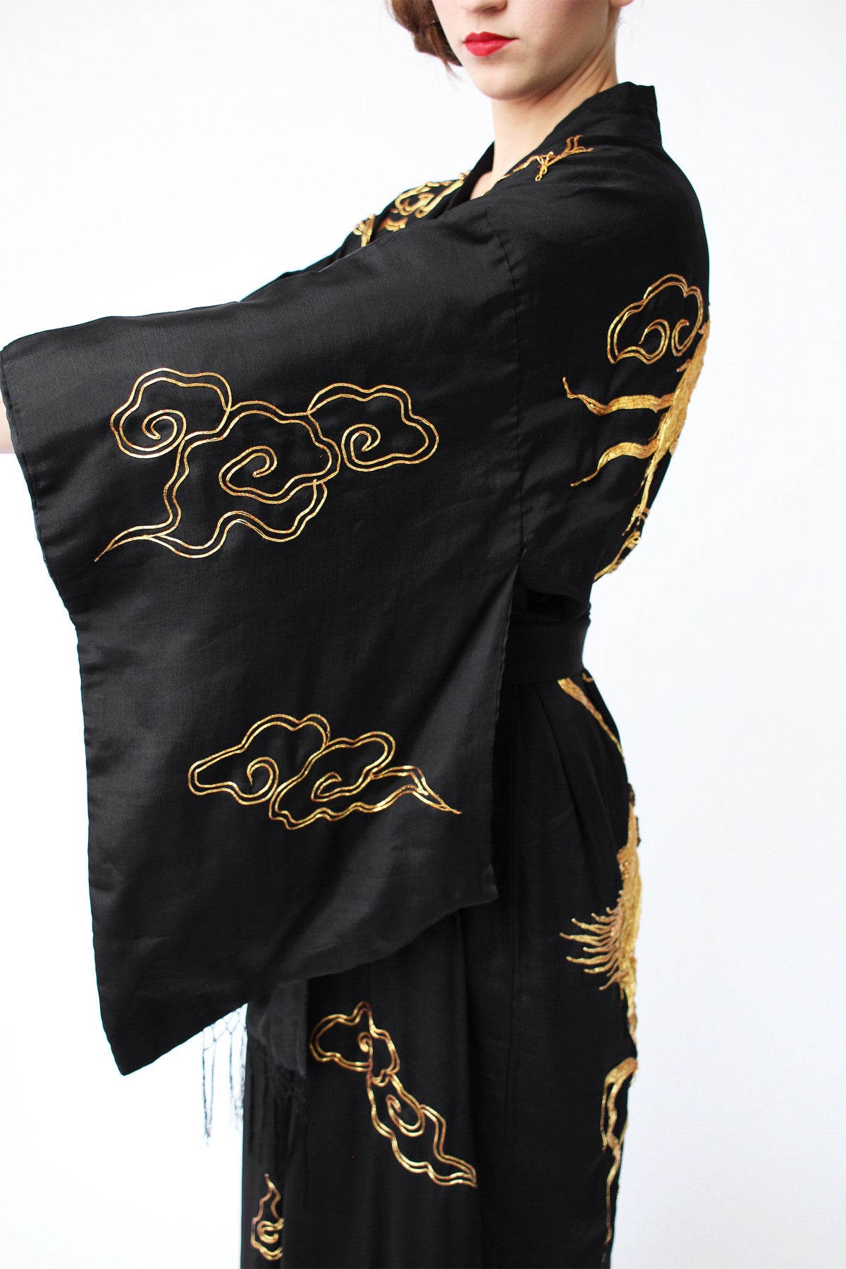 Rare 1920s Black and Gold Embroidered Dragon Kimono Robe