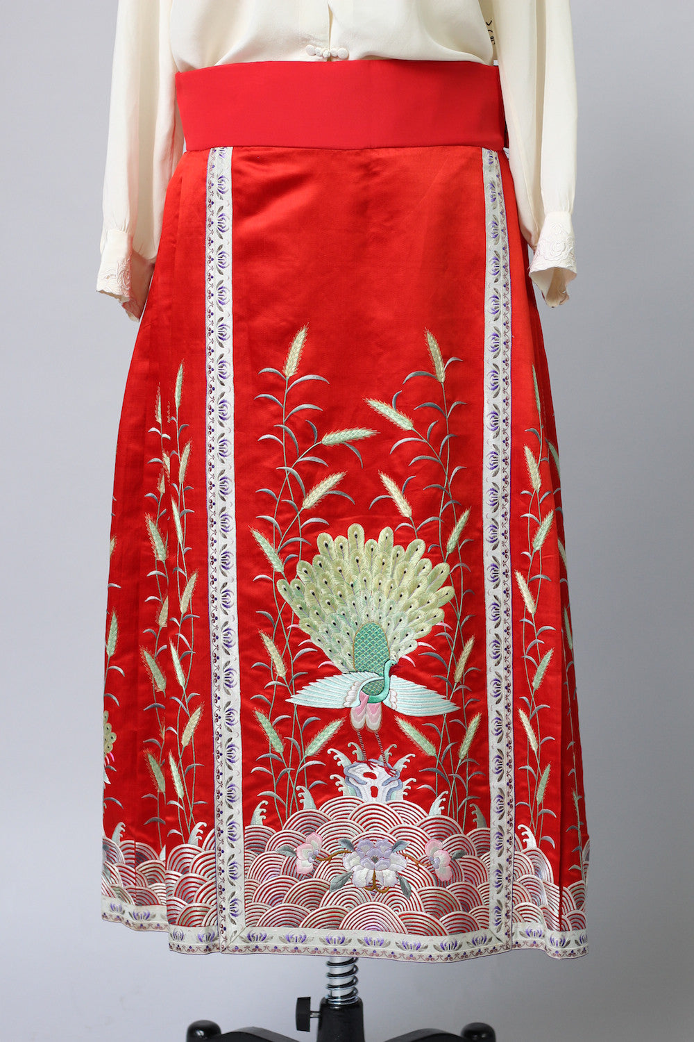 1920s Red Satin Embroidered Korean Skirt