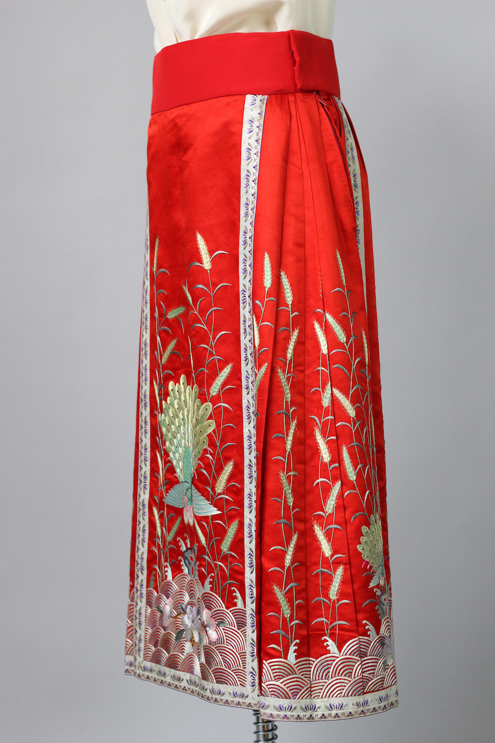 1920s Red Satin Embroidered Korean Skirt