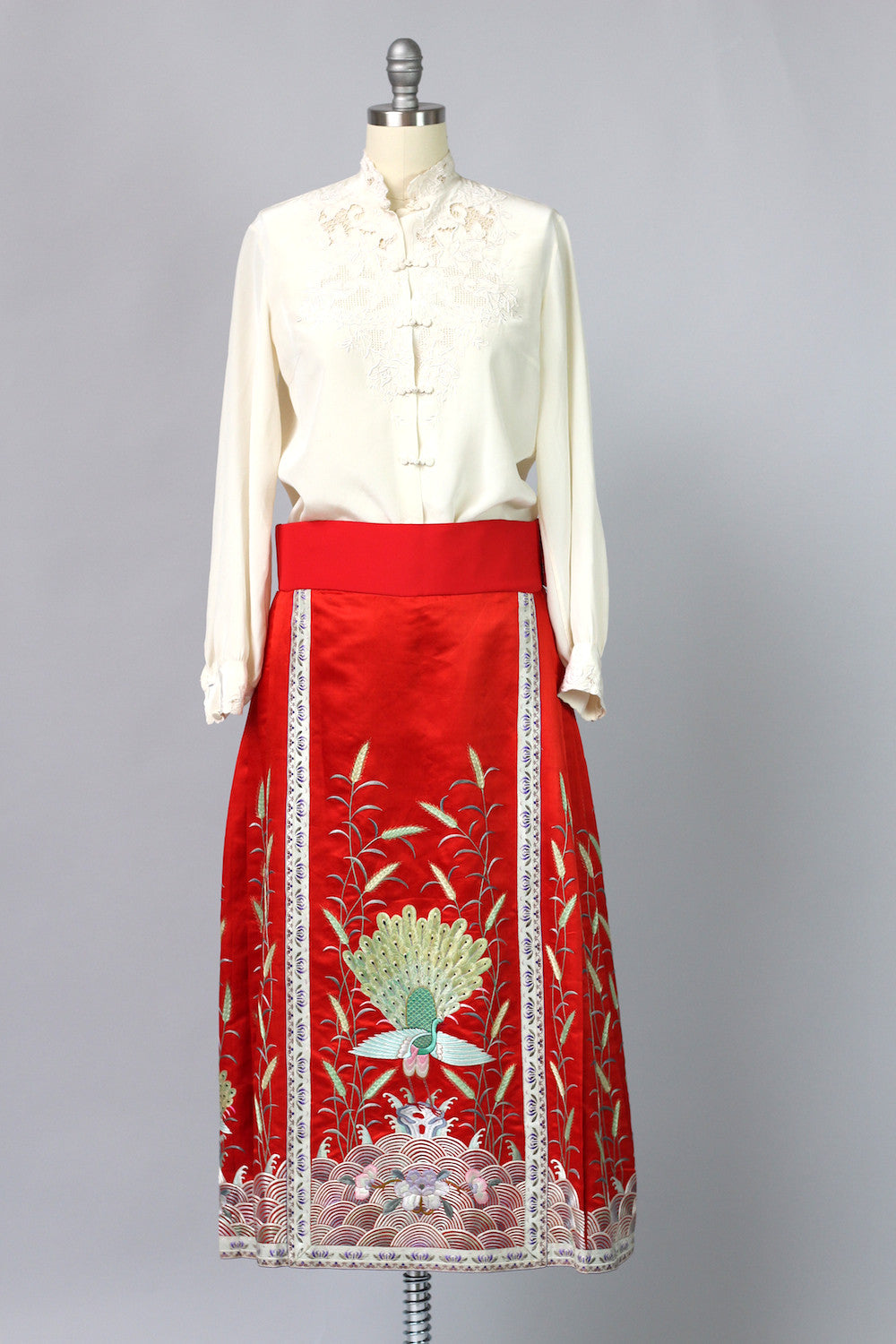 1920s Red Satin Embroidered Korean Skirt
