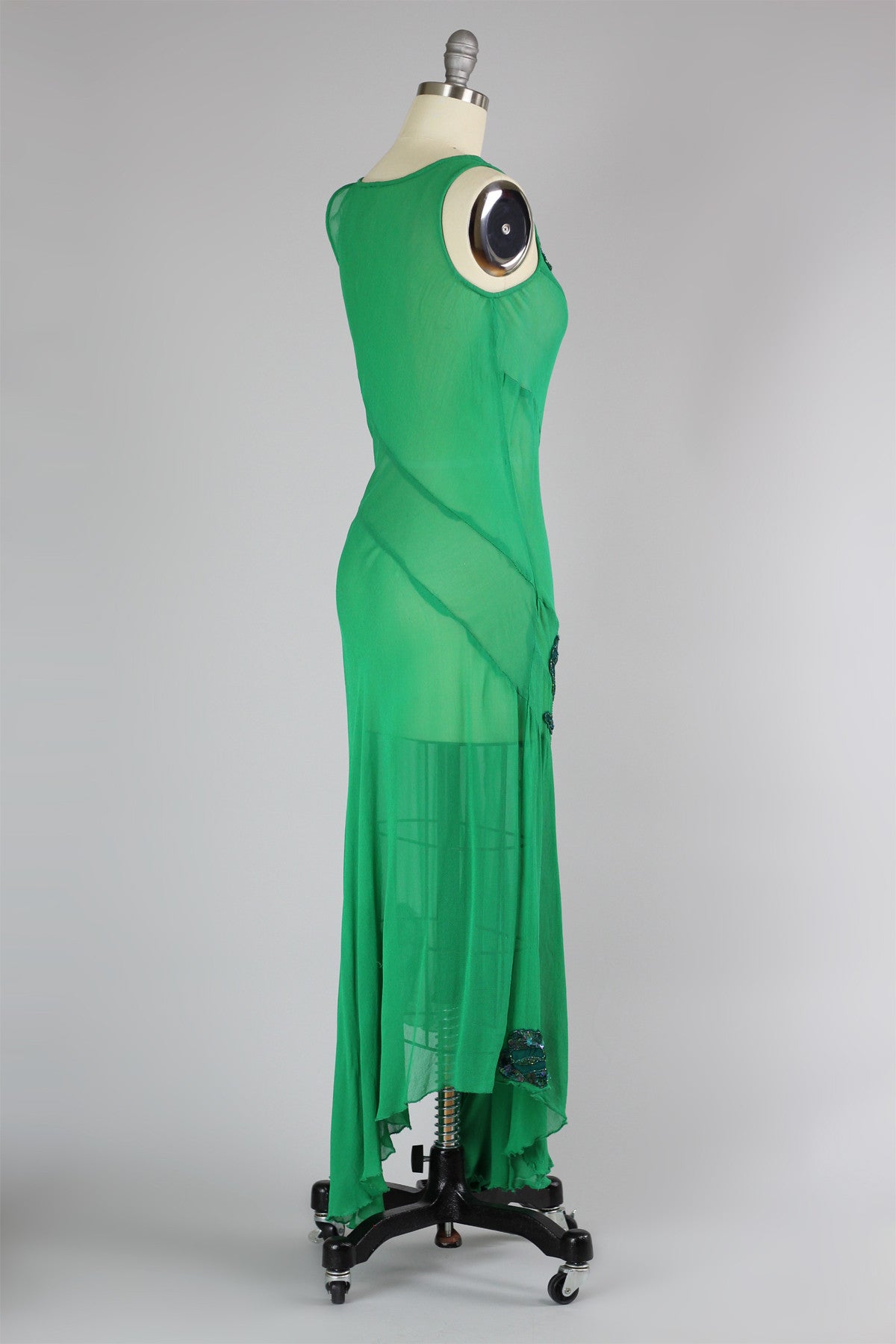Stunning 1930s Bias Cut Silk Chiffon Green Deco Evening Gown