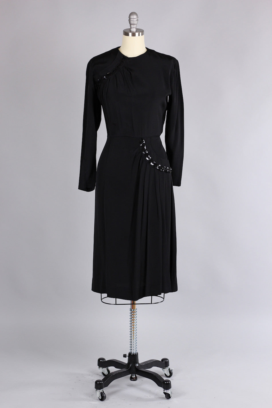 Early 1940s Black Rayon & Sequin Cocktail Dress