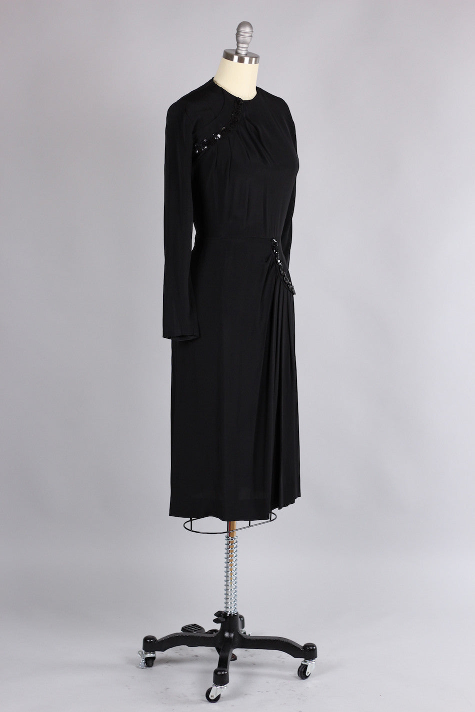Early 1940s Black Rayon & Sequin Cocktail Dress
