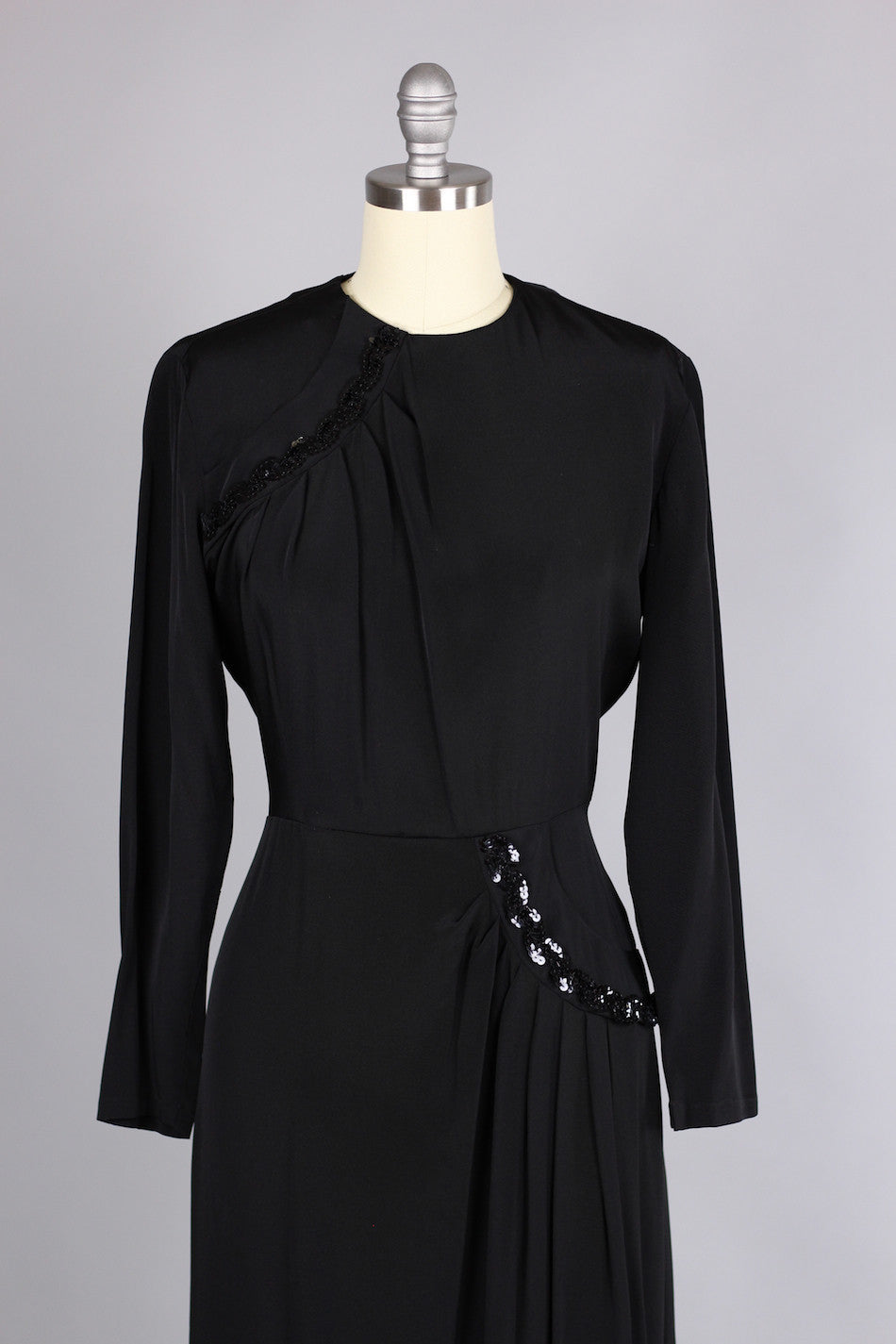 Early 1940s Black Rayon & Sequin Cocktail Dress