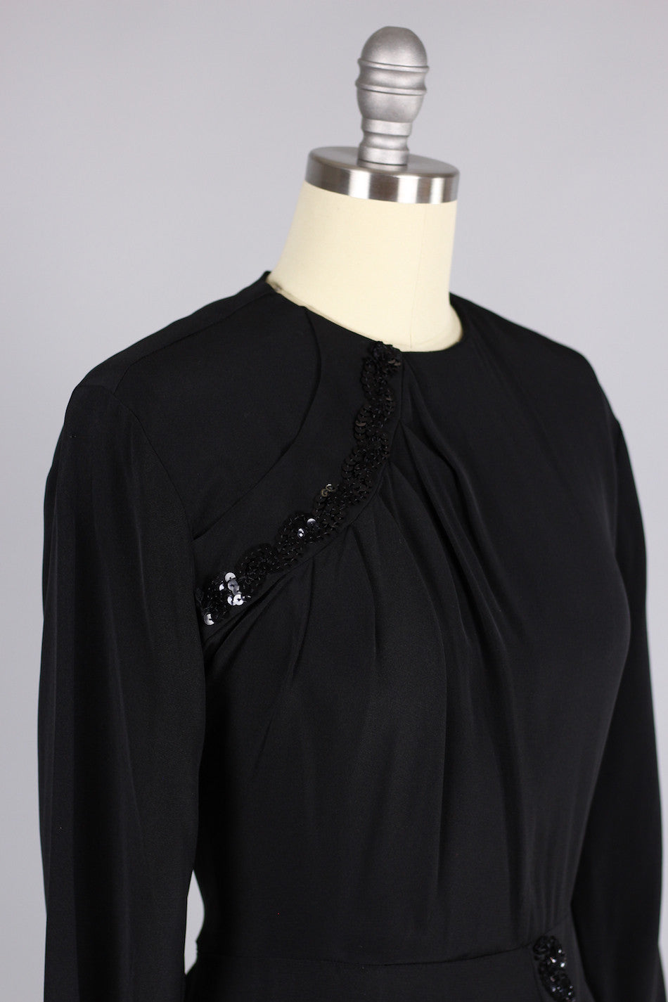 Early 1940s Black Rayon & Sequin Cocktail Dress