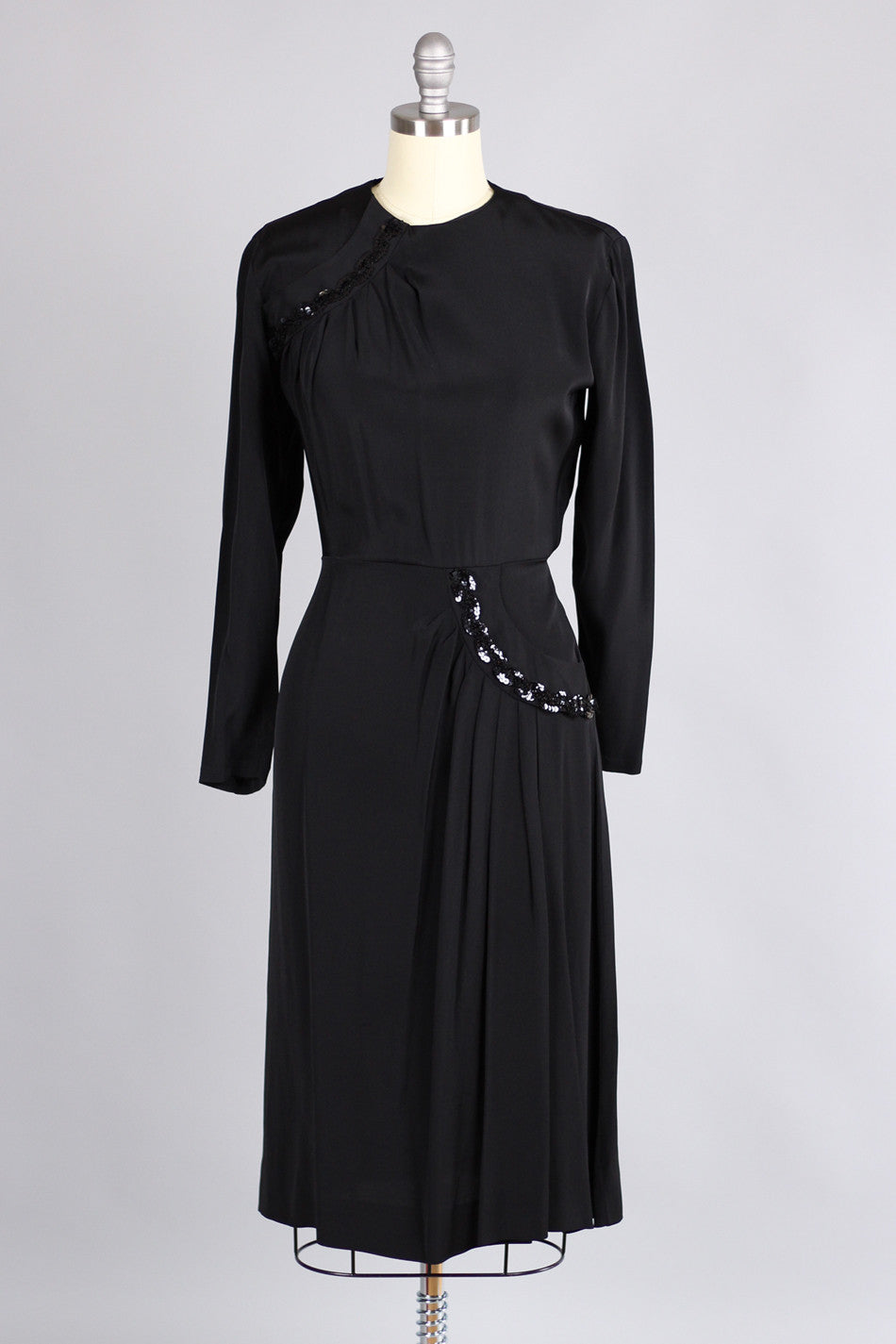 Early 1940s Black Rayon & Sequin Cocktail Dress