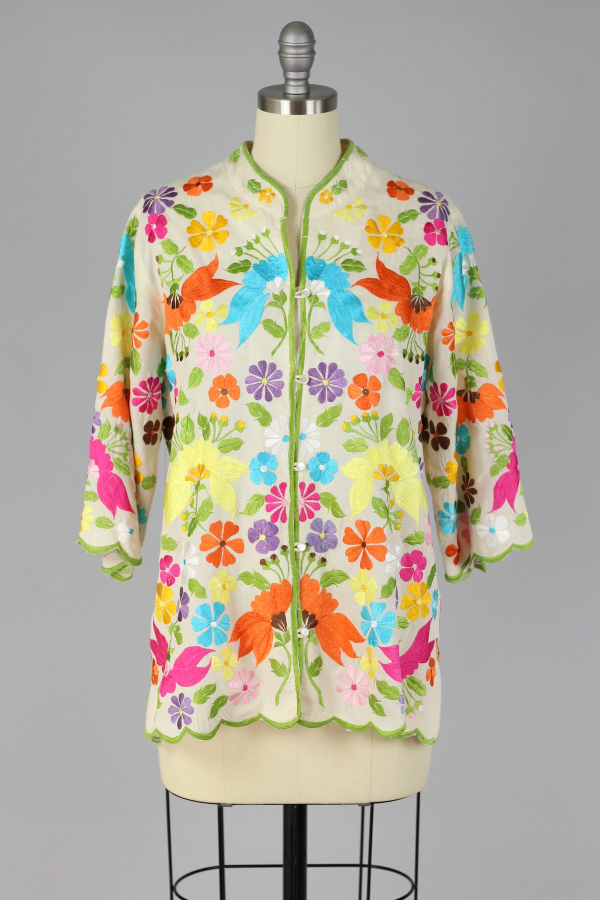 Bright Florals 1960s Embroidered Asian Style Blouse
