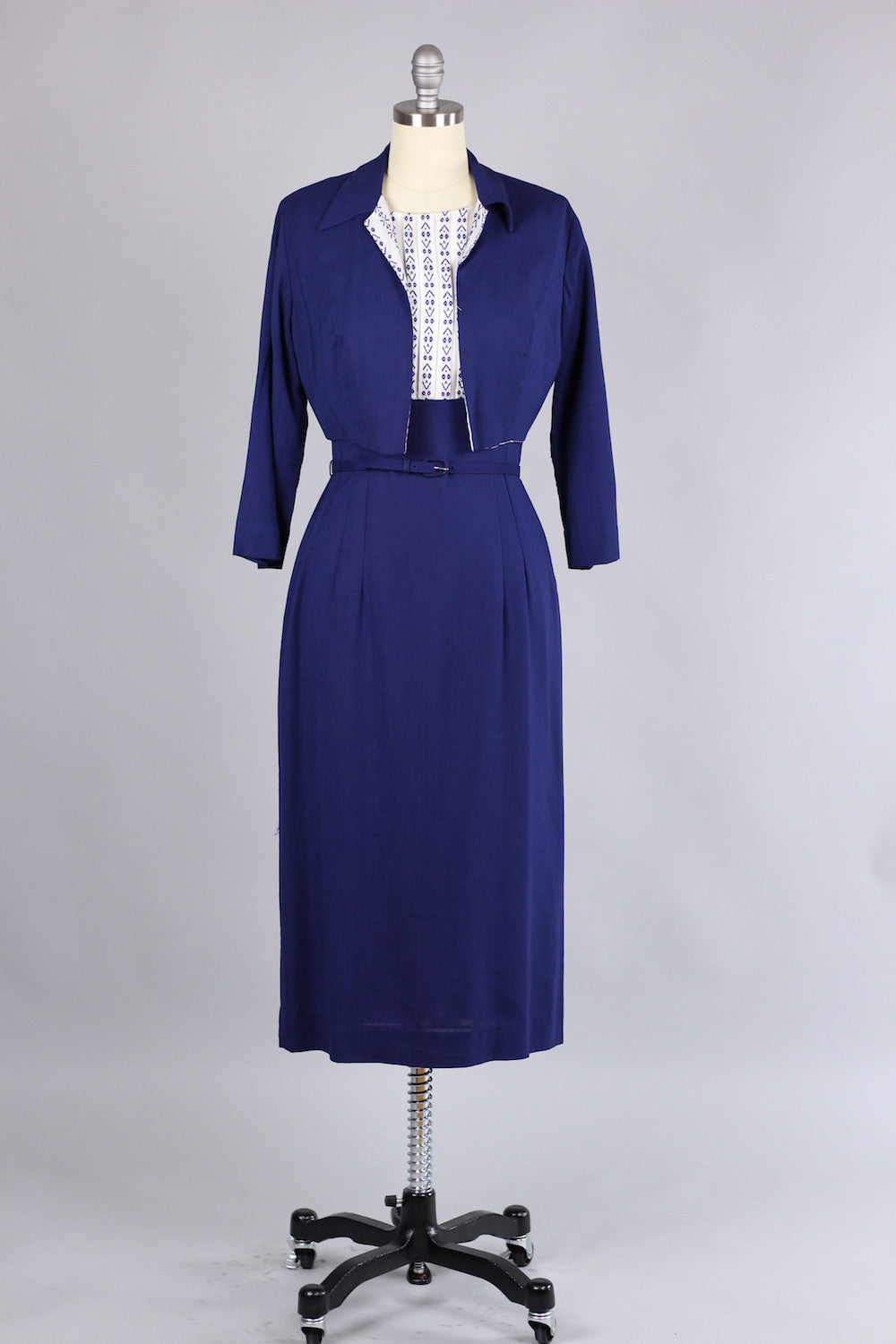 Incredible 1960s Fitted Navy Gabardine Dress with Bolero