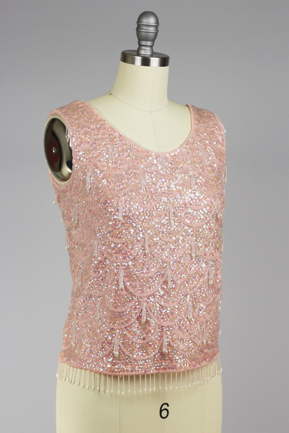 1960s Blush Pink Sequin Hand Beaded Top with Fringe