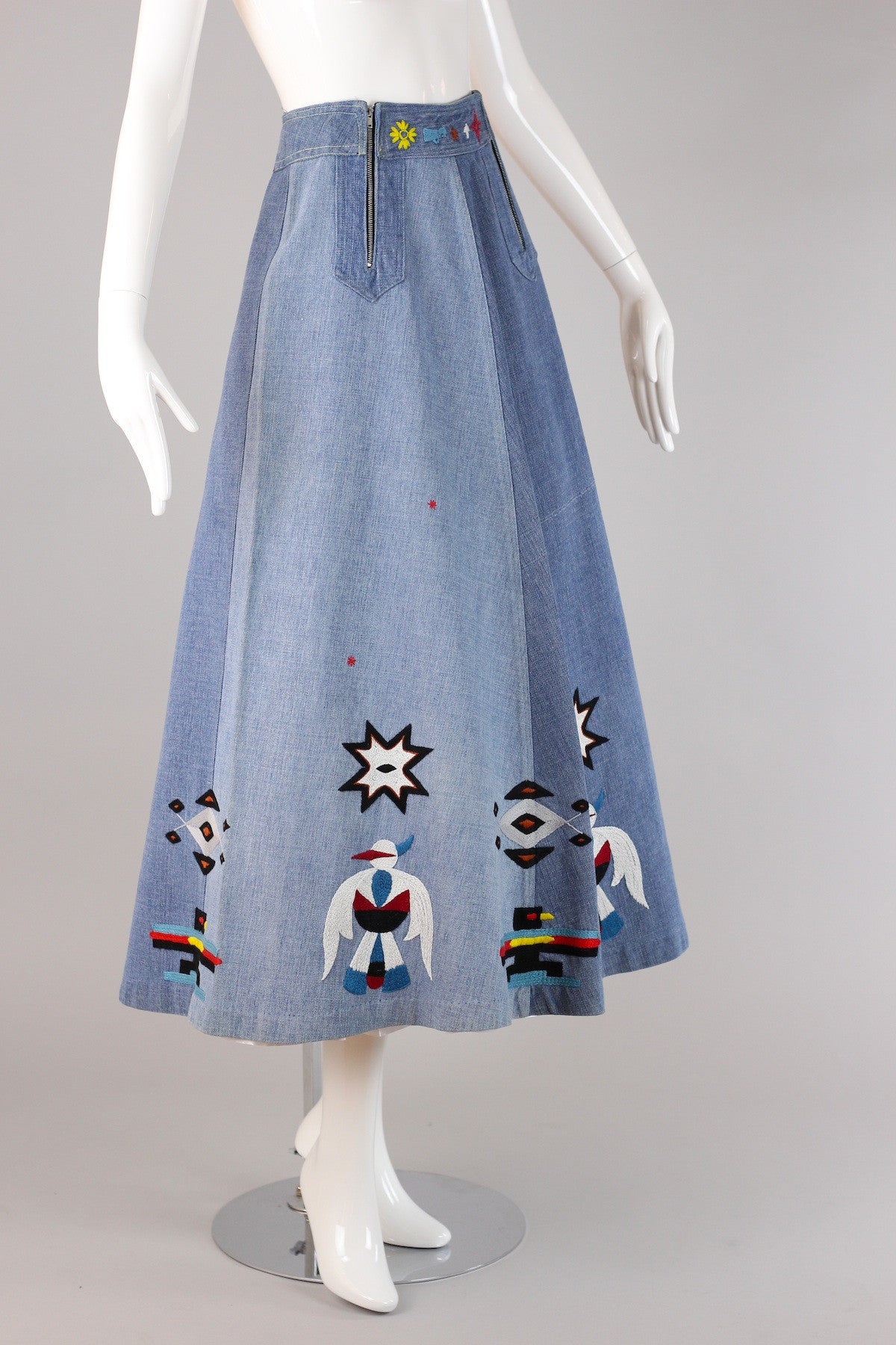Rare 1970s Southwestern Native American Embroidered Denim Skirt
