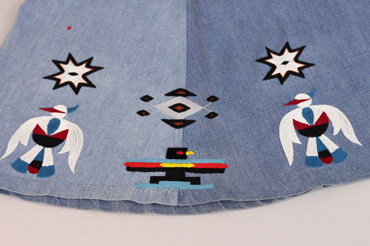 Rare 1970s Southwestern Native American Embroidered Denim Skirt