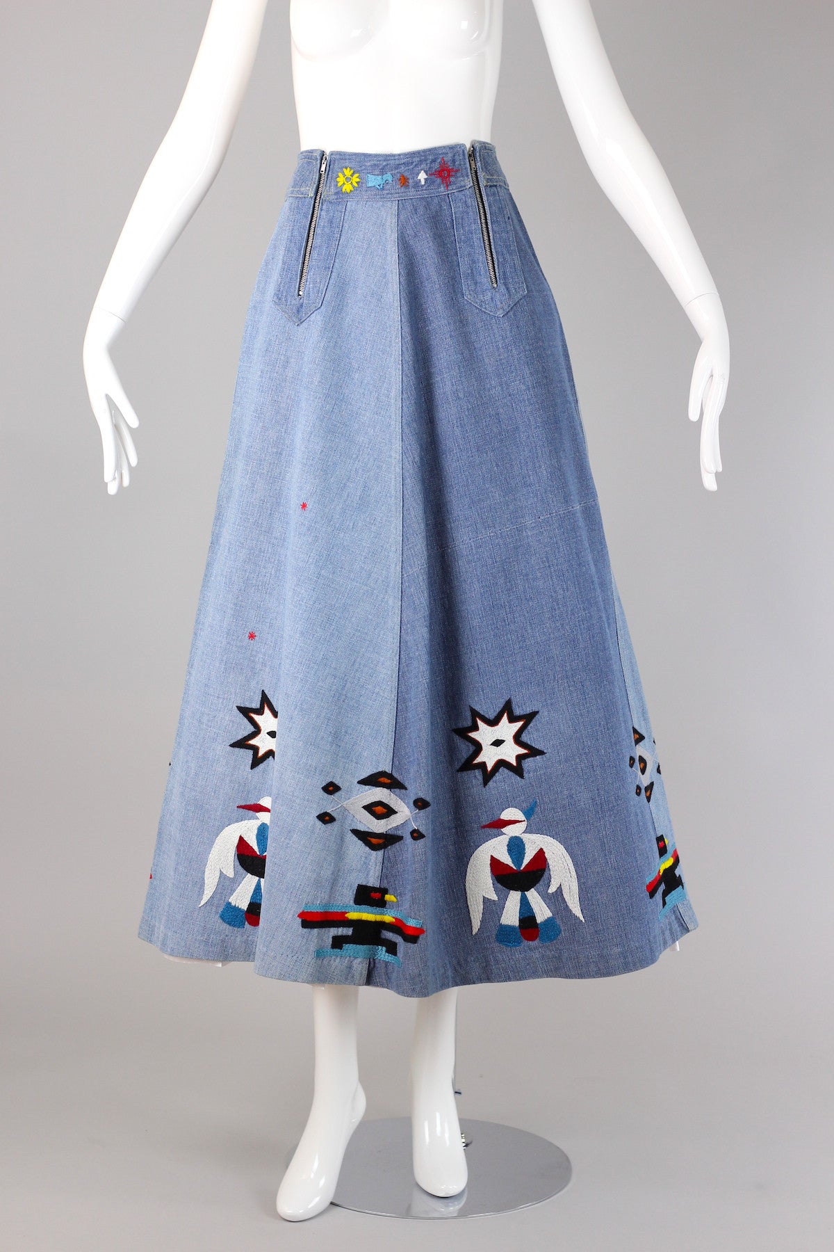 Rare 1970s Southwestern Native American Embroidered Denim Skirt