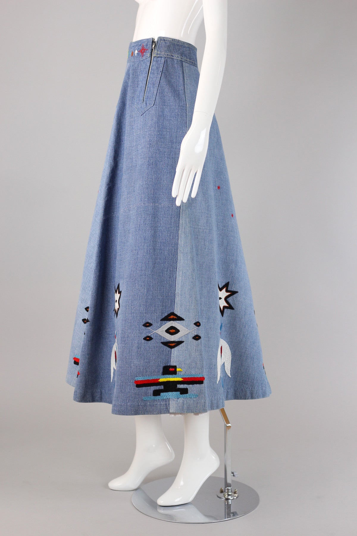 Rare 1970s Southwestern Native American Embroidered Denim Skirt