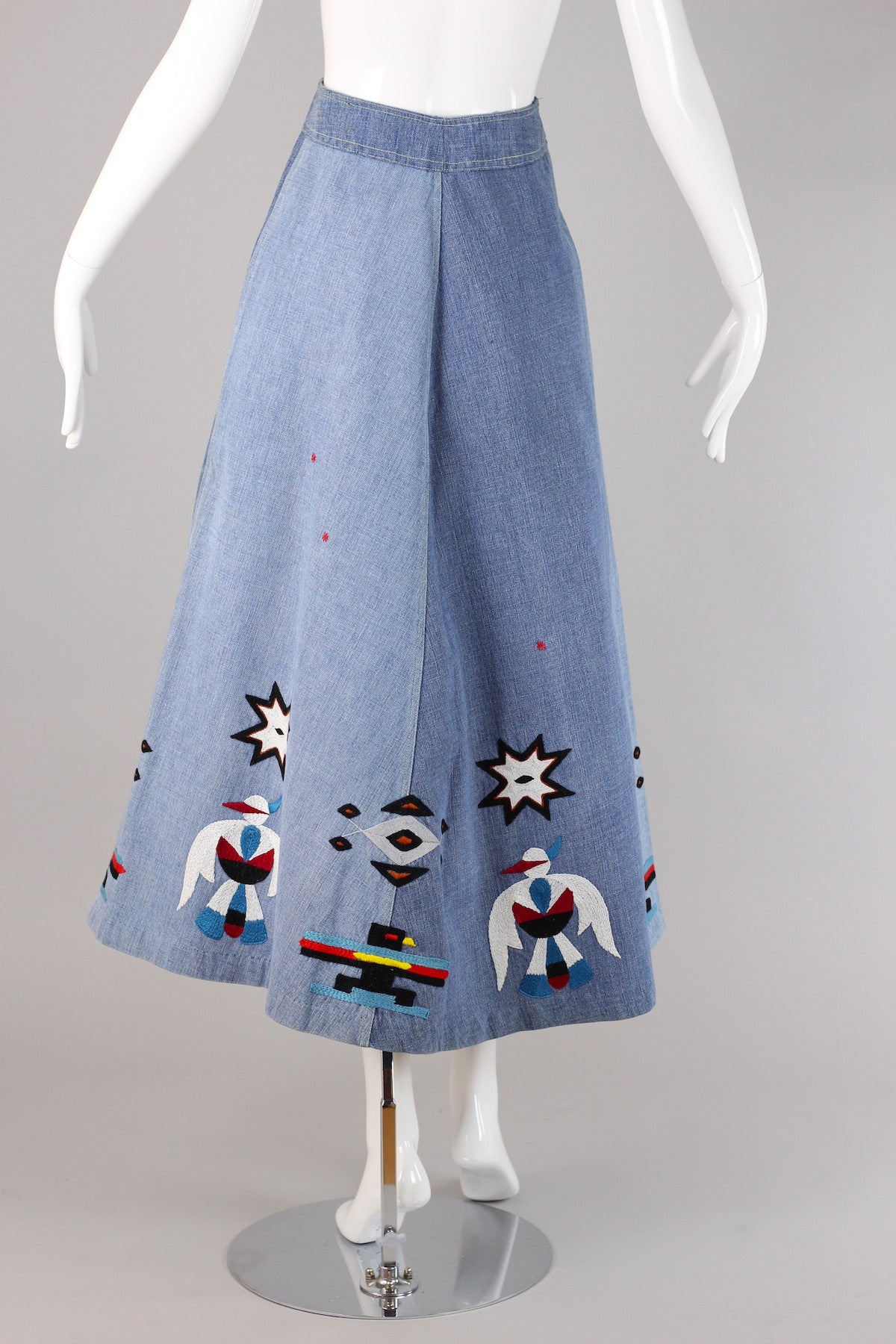 Rare 1970s Southwestern Native American Embroidered Denim Skirt