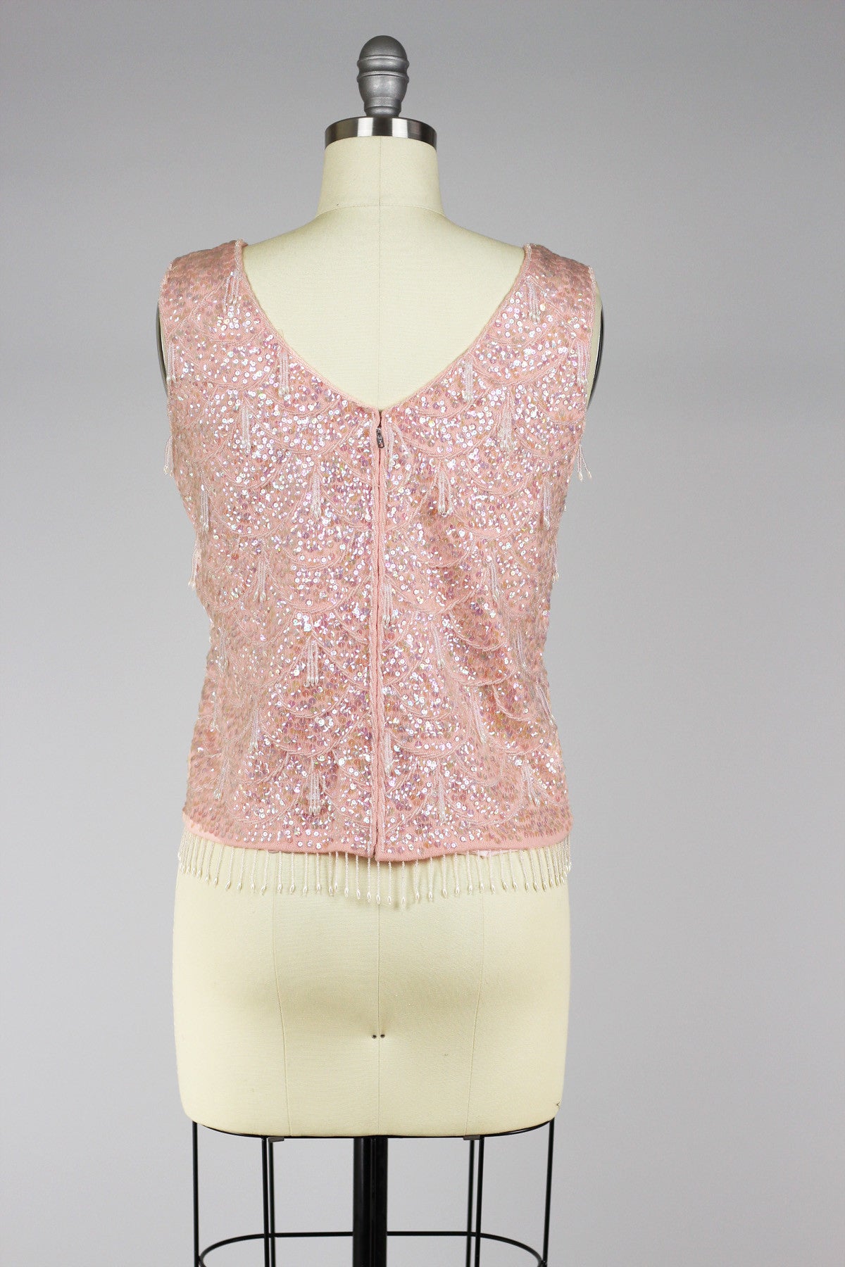 1960s Blush Pink Sequin Hand Beaded Top with Fringe