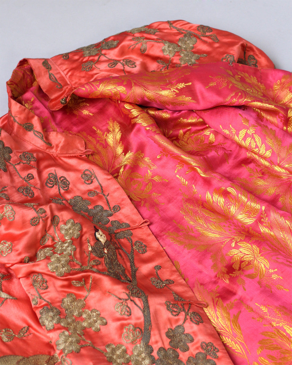 1920s Heavily Embroidered Coral Satin Metallic Chinese Robe