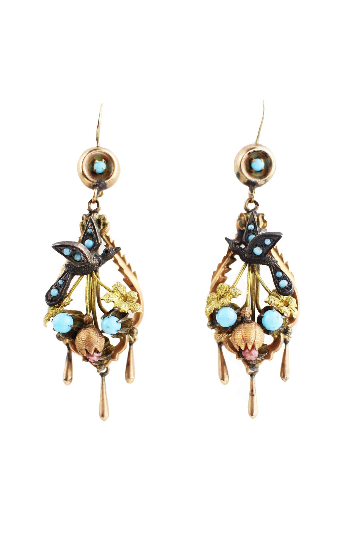 Rare Mexican Victorian Sparrow Earrings with Turquoise, Pearls, and Rose Gold