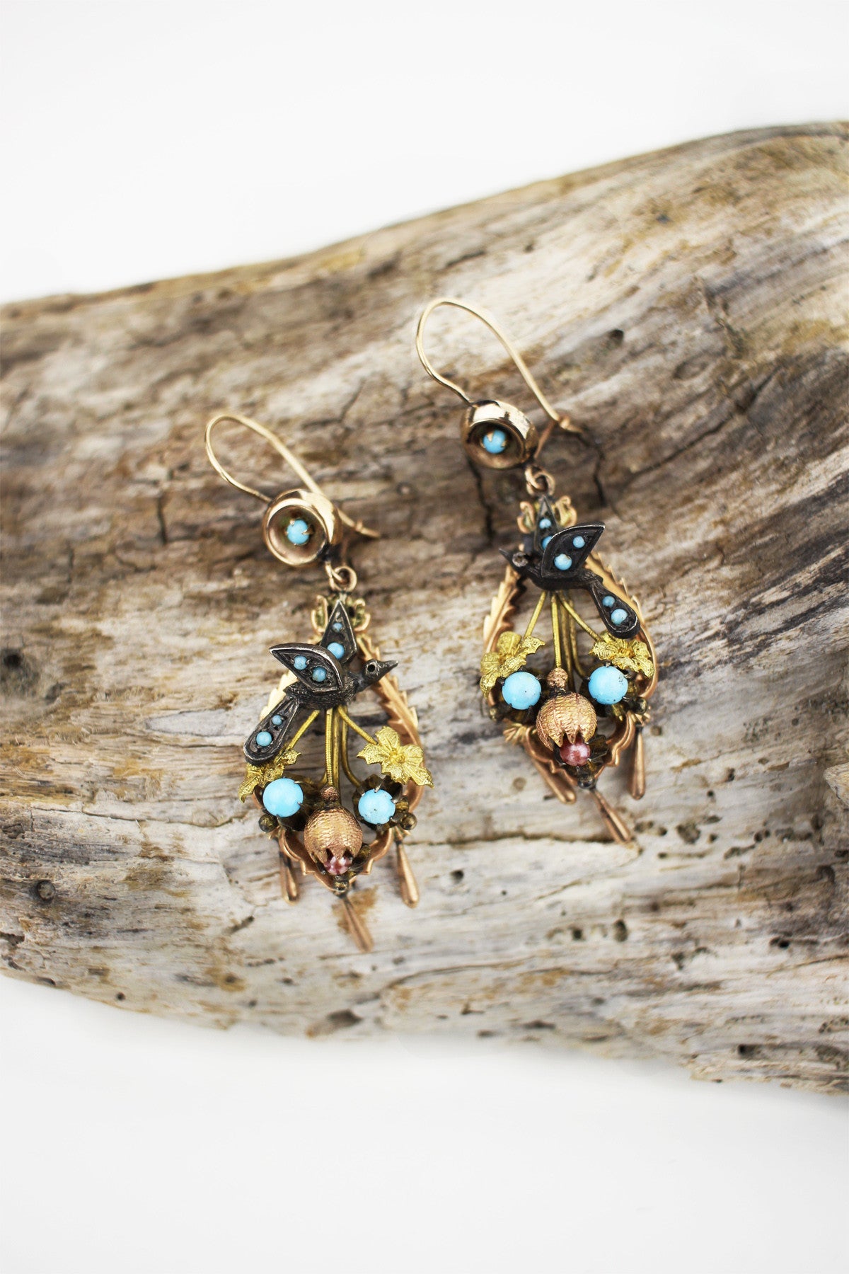 Rare Mexican Victorian Sparrow Earrings with Turquoise, Pearls, and Rose Gold