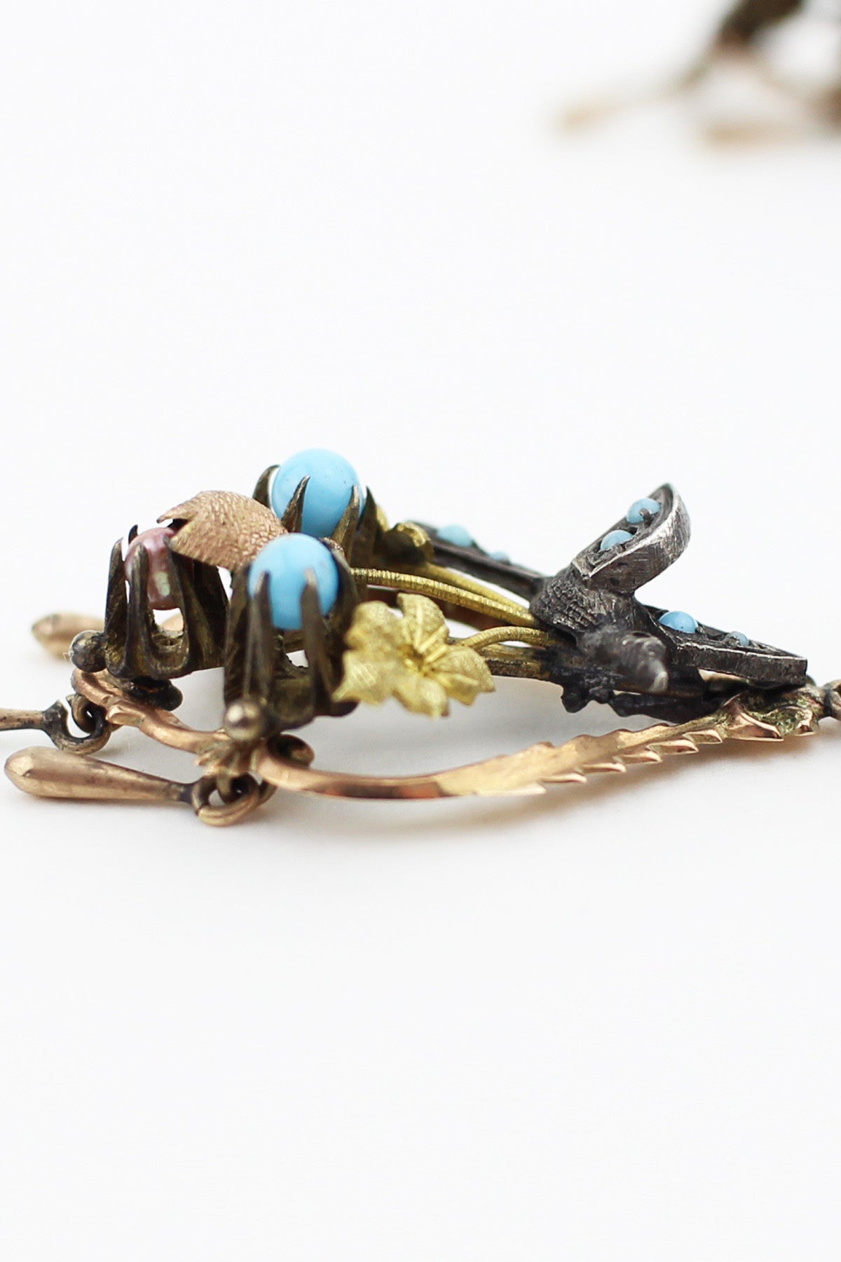 Rare Mexican Victorian Sparrow Earrings with Turquoise, Pearls, and Rose Gold