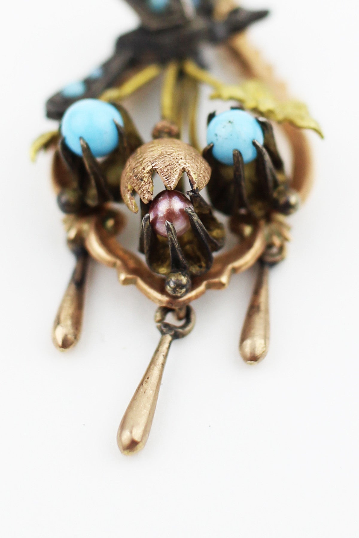 Rare Mexican Victorian Sparrow Earrings with Turquoise, Pearls, and Rose Gold