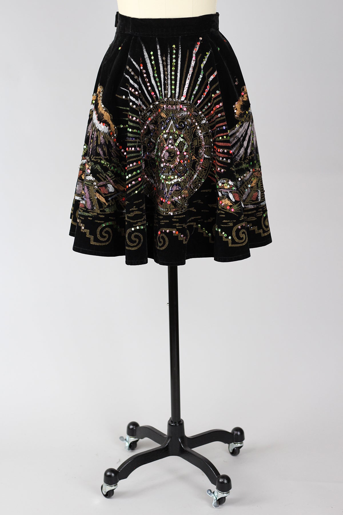 Vintage 1950s Hand Painted Velvet Mexican Circle Skirt with Sequins