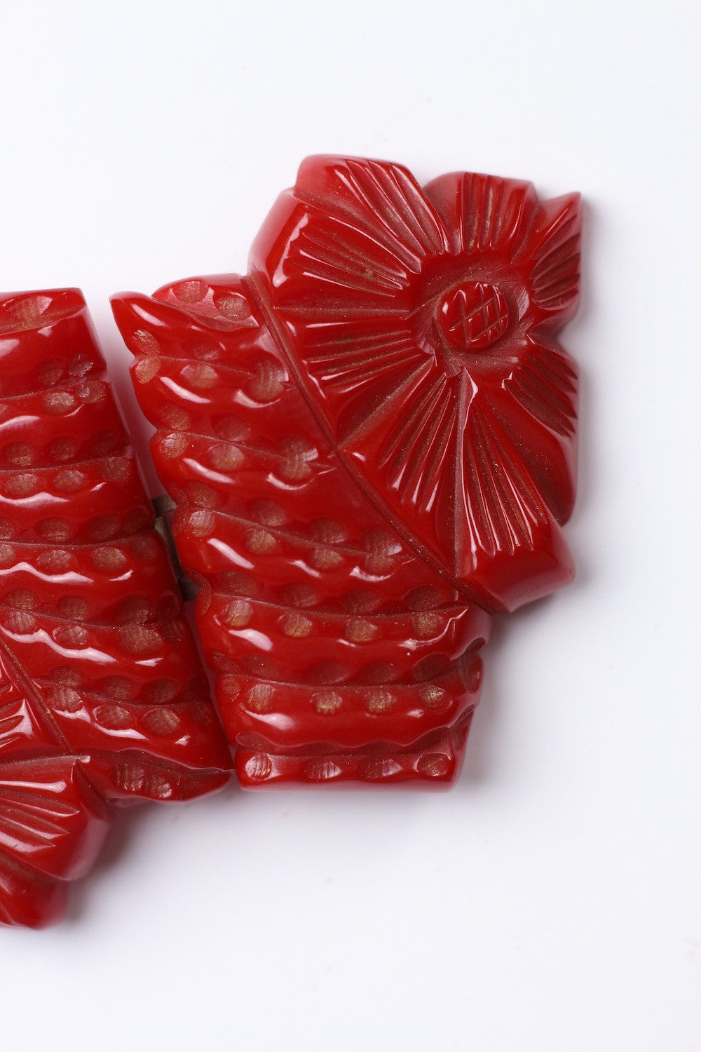1930s Art Deco Carved Red Bakelite Flower Belt Buckle Two Piece