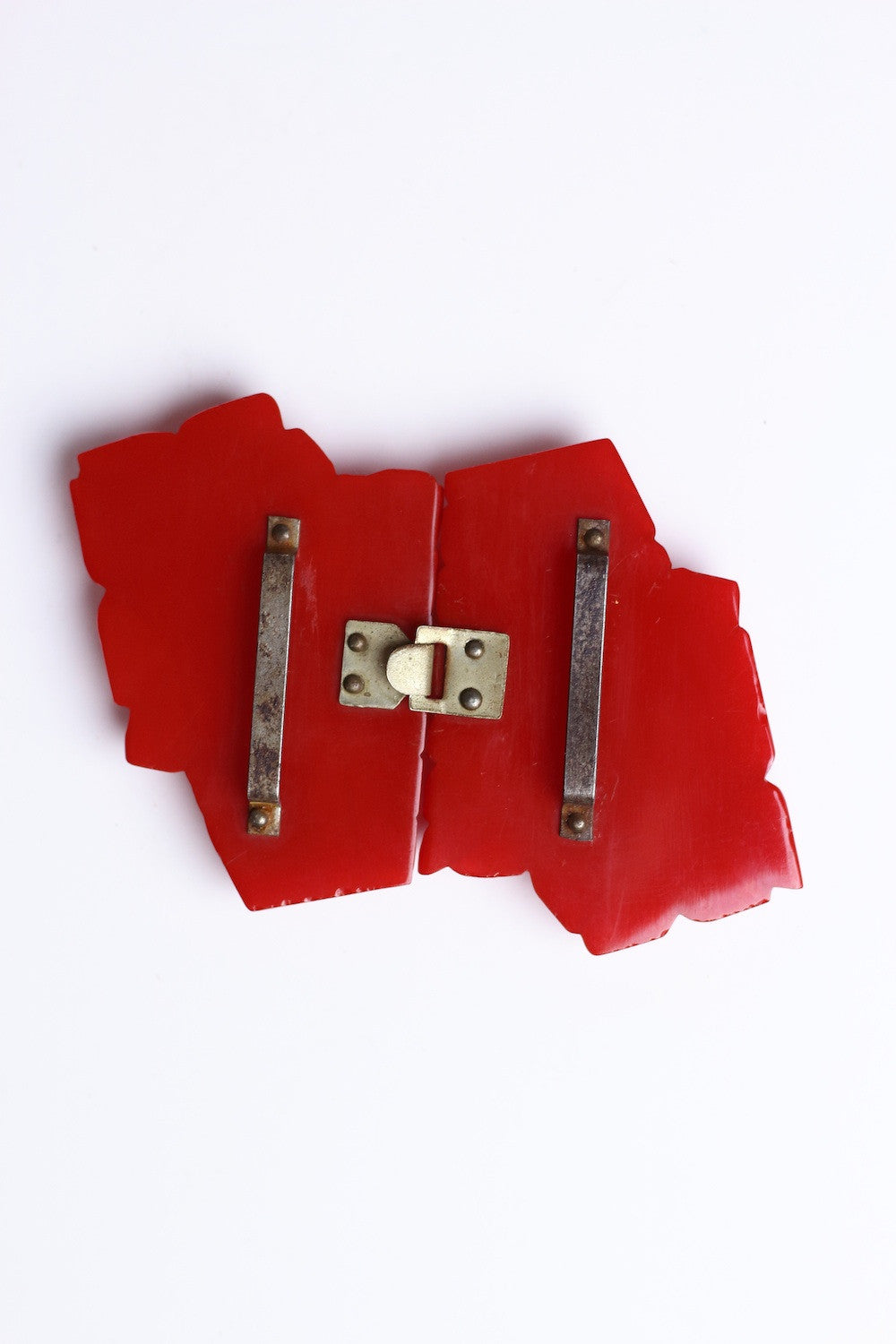 1930s Art Deco Carved Red Bakelite Flower Belt Buckle Two Piece