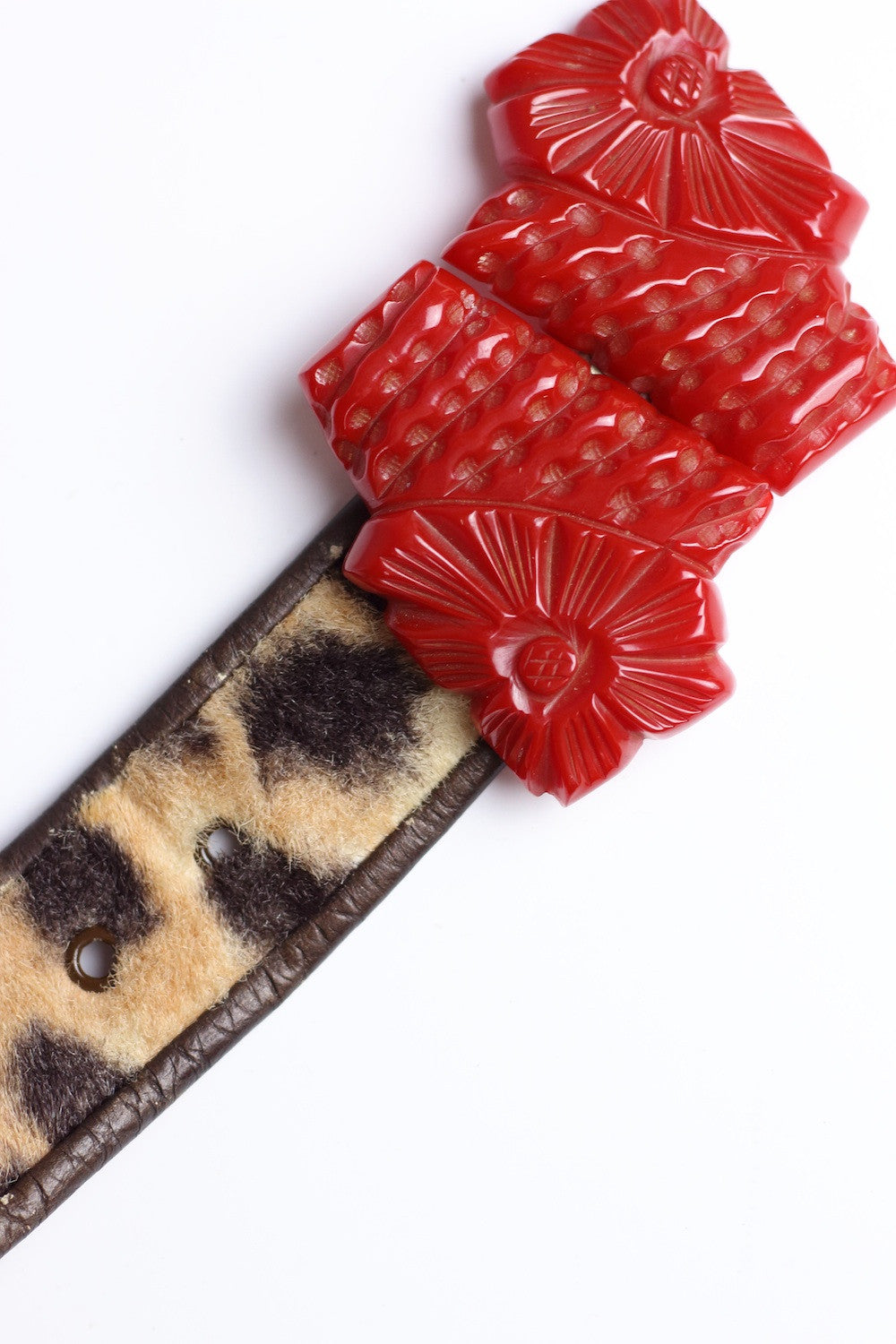 1930s Art Deco Carved Red Bakelite Flower Belt Buckle Two Piece