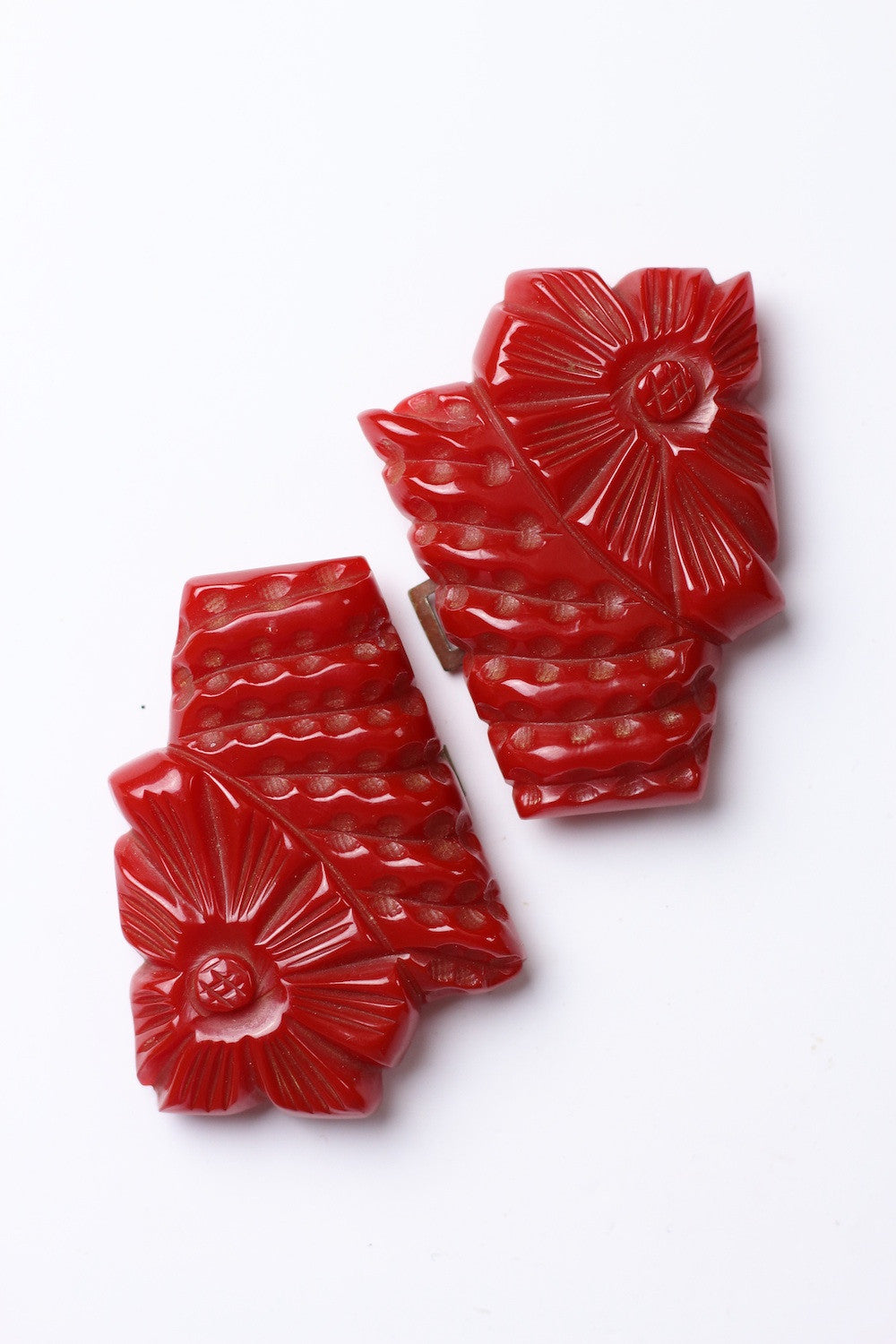 1930s Art Deco Carved Red Bakelite Flower Belt Buckle Two Piece