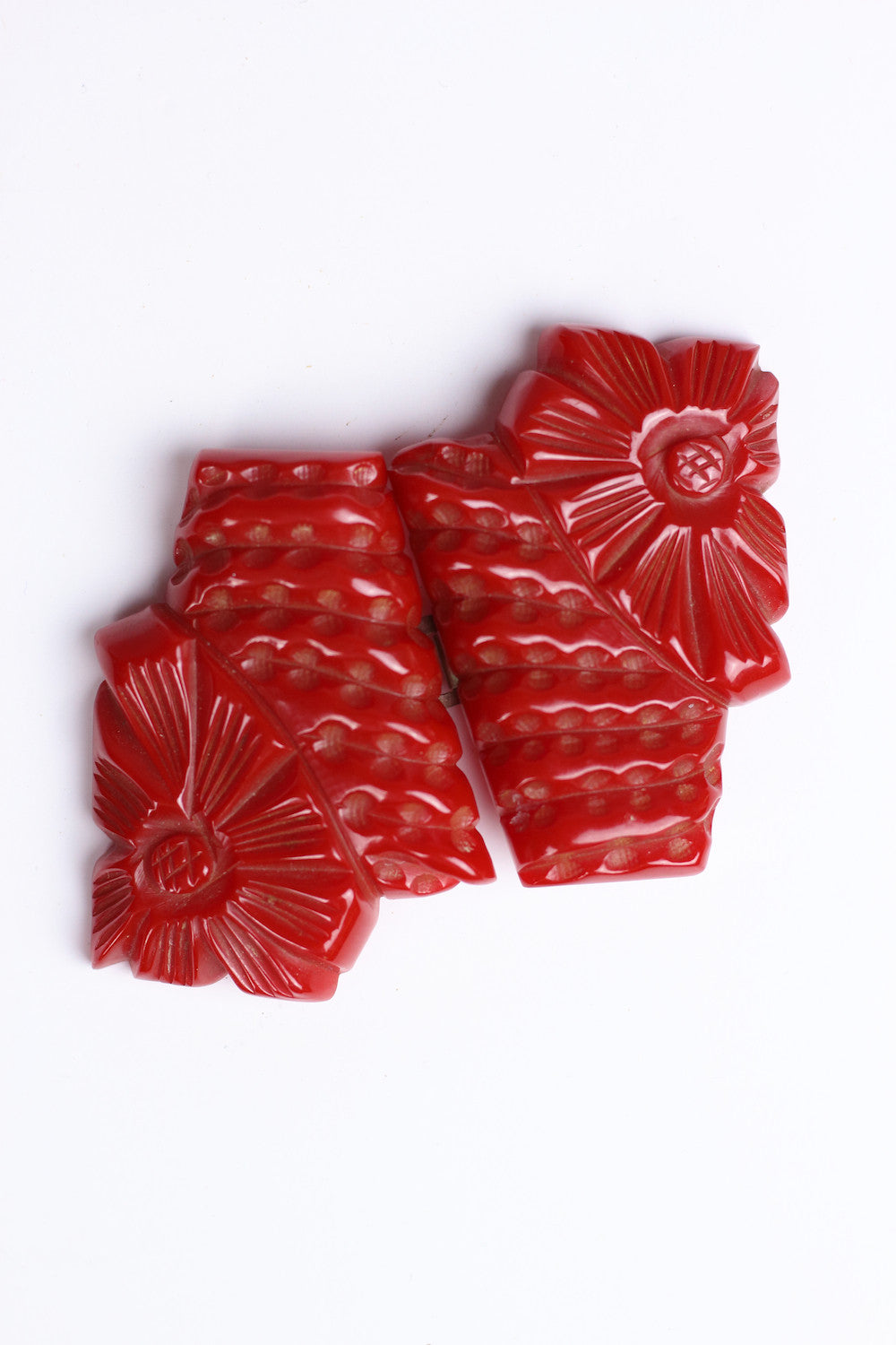1930s Art Deco Carved Red Bakelite Flower Belt Buckle Two Piece