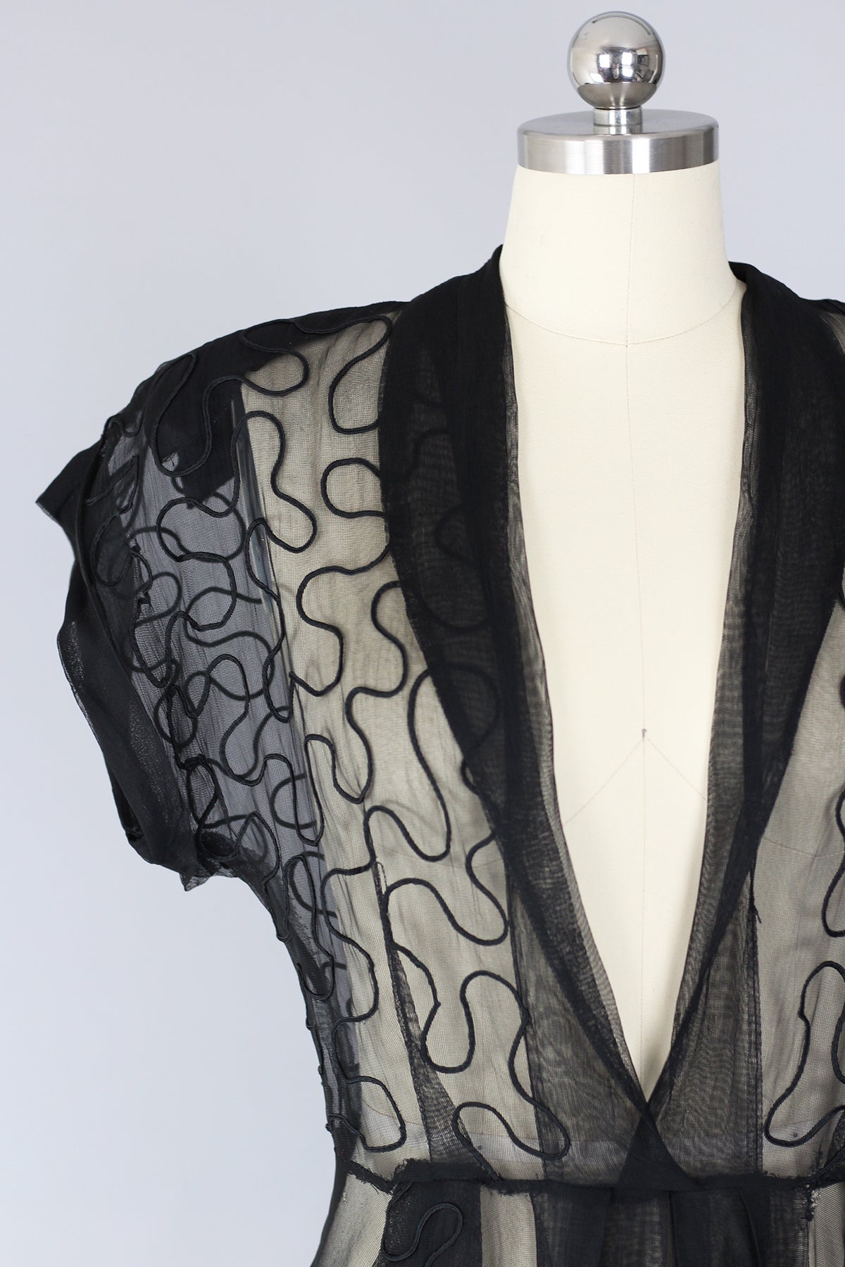 Rare 1940s Black Sheer Tulle Dress with Soutache Detail