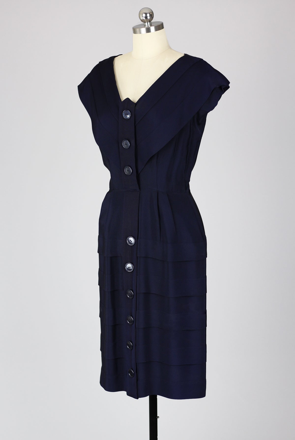 Perfect Fitted 1940s Silky Rayon Crepe Navy Day Dress