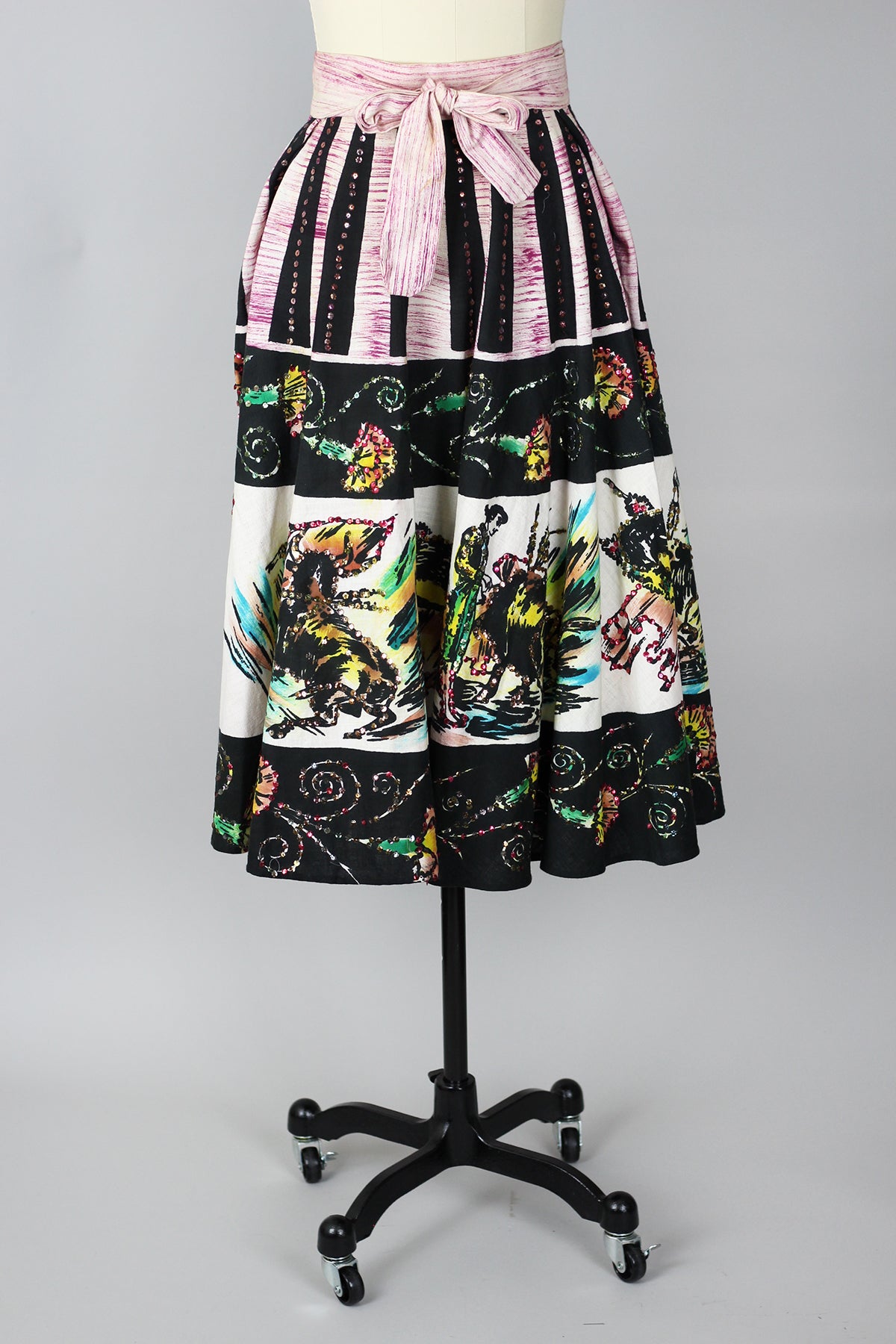 Rare 1940s-1950s Mexican Circle Skirt with Bull Fighters and Sequins