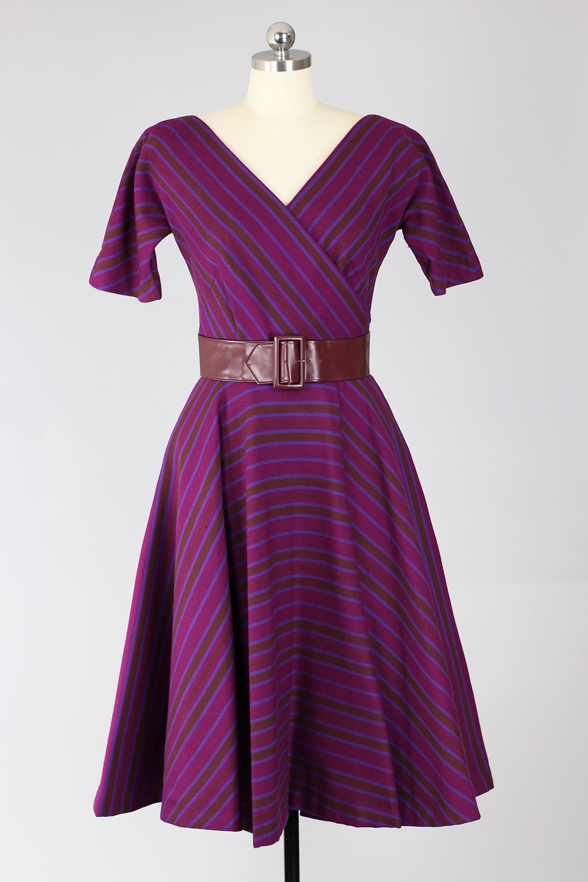 RARE! Incredible Mr. Mort 1950s New Look Plum Wool Stripe Dress
