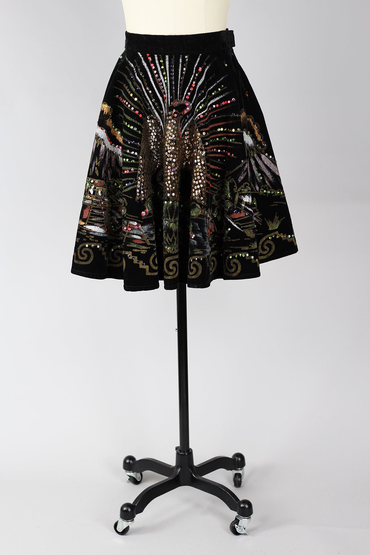 Vintage 1950s Hand Painted Velvet Mexican Circle Skirt with Sequins