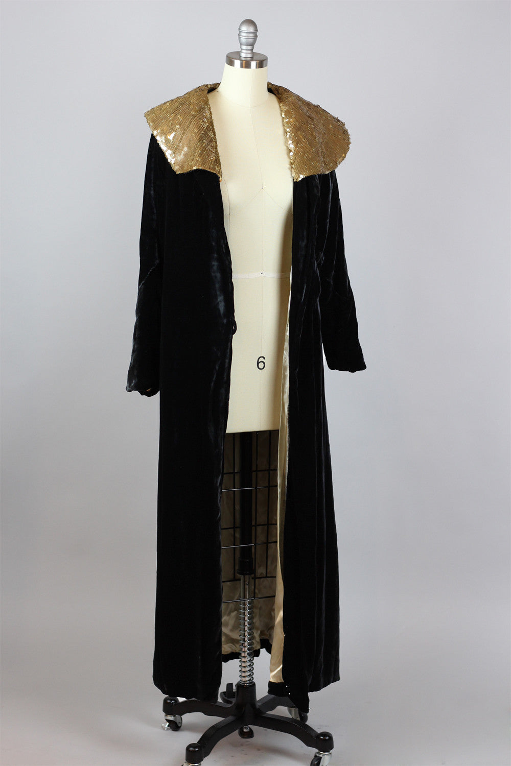 Dazzling 1920s Silk Velvet Opera Coat with Gold Sequin Collar