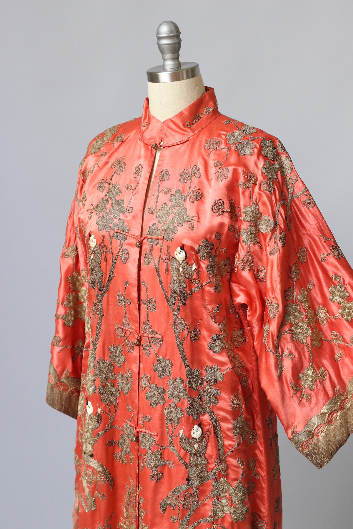 1920s Heavily Embroidered Coral Satin Metallic Chinese Robe