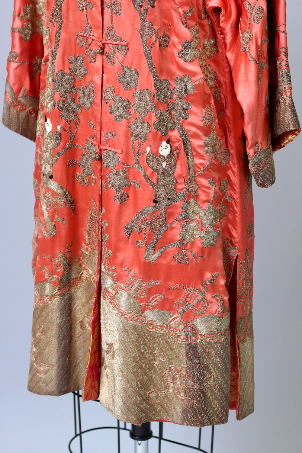 1920s Heavily Embroidered Coral Satin Metallic Chinese Robe